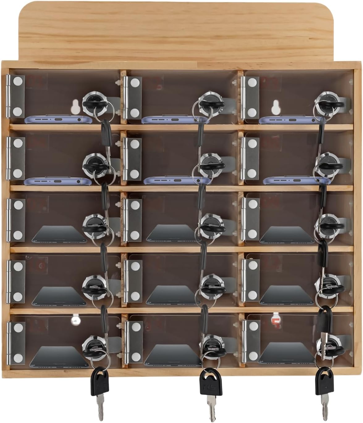 15 Slot Lockable Cell Phone Locker Box, Wall-Mounted/Freestanding Clear Acrylic & Wood Cell Phone Storage Cabinet with Door Locks and Keys for Classroom, Office, and School Employees