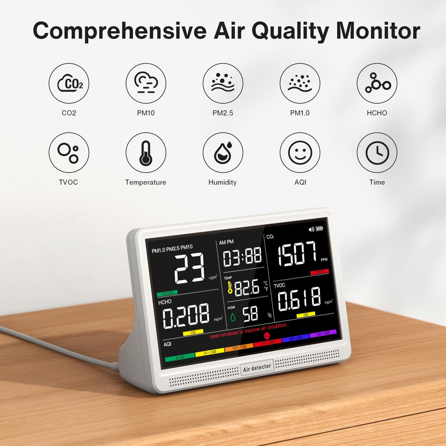 16 in 1 Air Quality Monitor Indoor 7" Display 9 AQI+7 AQI Alerts, CO2 Monitor Air Quality Tester for CO2, TVOC, PM2.5 PM1.0 PM10, HCHO Temperature Humidity AQI & Time Air Quality Meter for Home