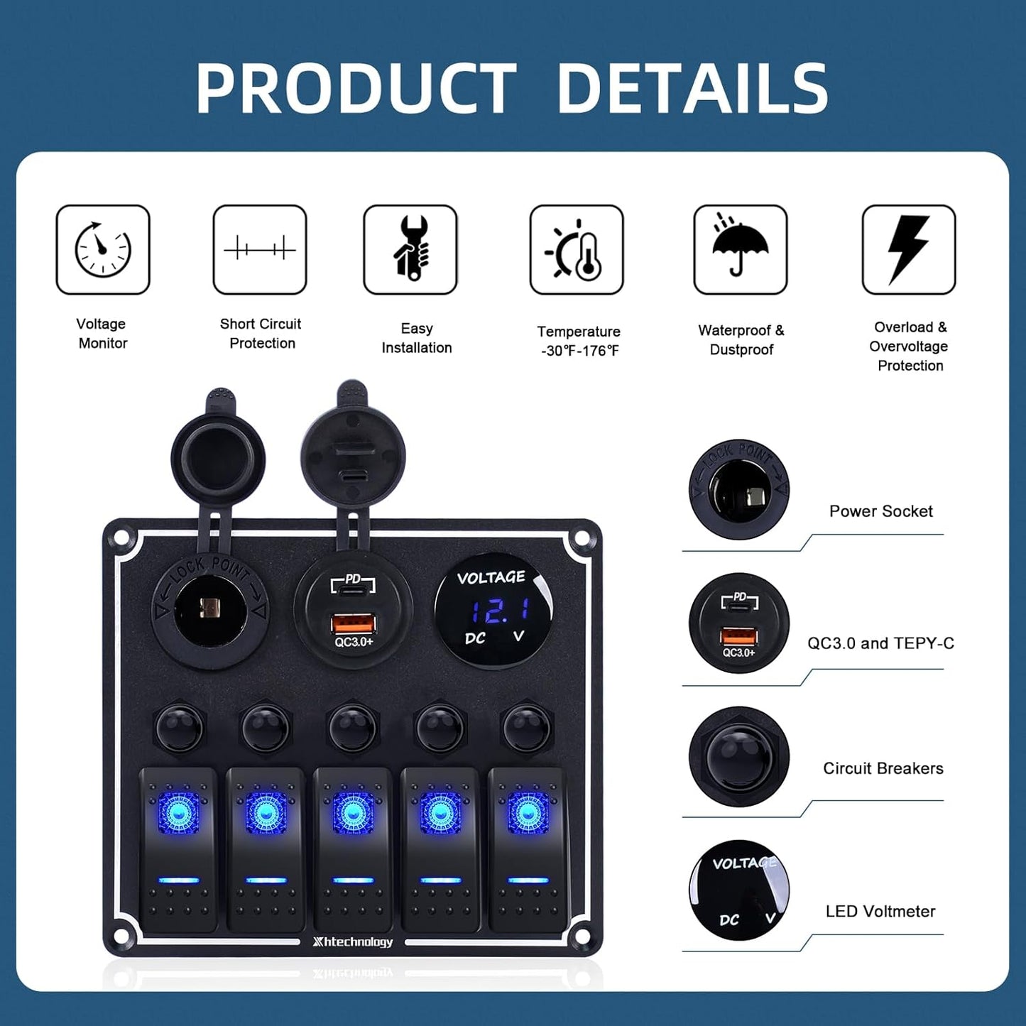 5 Gang Marine Boat Switch Panel with Dual USB Charger & Voltmeter, Waterproof Aluminum Rocker Switch Panel for Marine Automotive Truck RV Trailer with Lighter Socket Press Protector, 12/24V Black