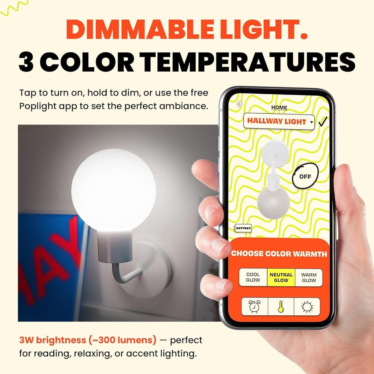 Wireless Wall Sconce (Shark Tank) Rechargeable & Dimmable LED Light w/App Control & Damage-Free Install, Moveable Modern Ambient Lighting for Elegant Home & Bedroom Decor | Popwhite