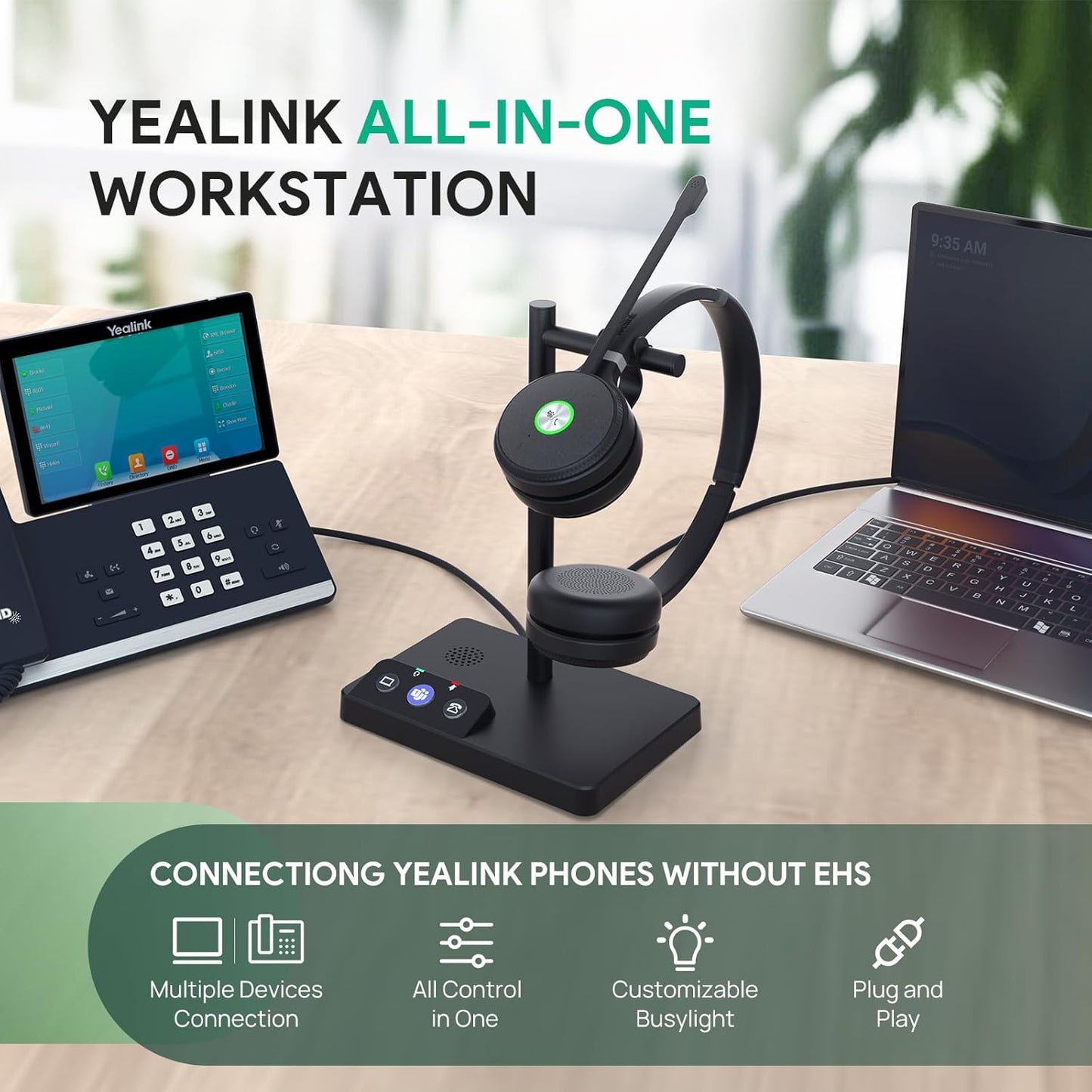 Yealink WH62 Dual UC DECT Wireless Headset, 525 ft Long Range, Work Headphones with Base, 2X Noise Canceling Mic for IP Phone and Computer, Office Headsets Call Control, Ringer,14H Talk Time