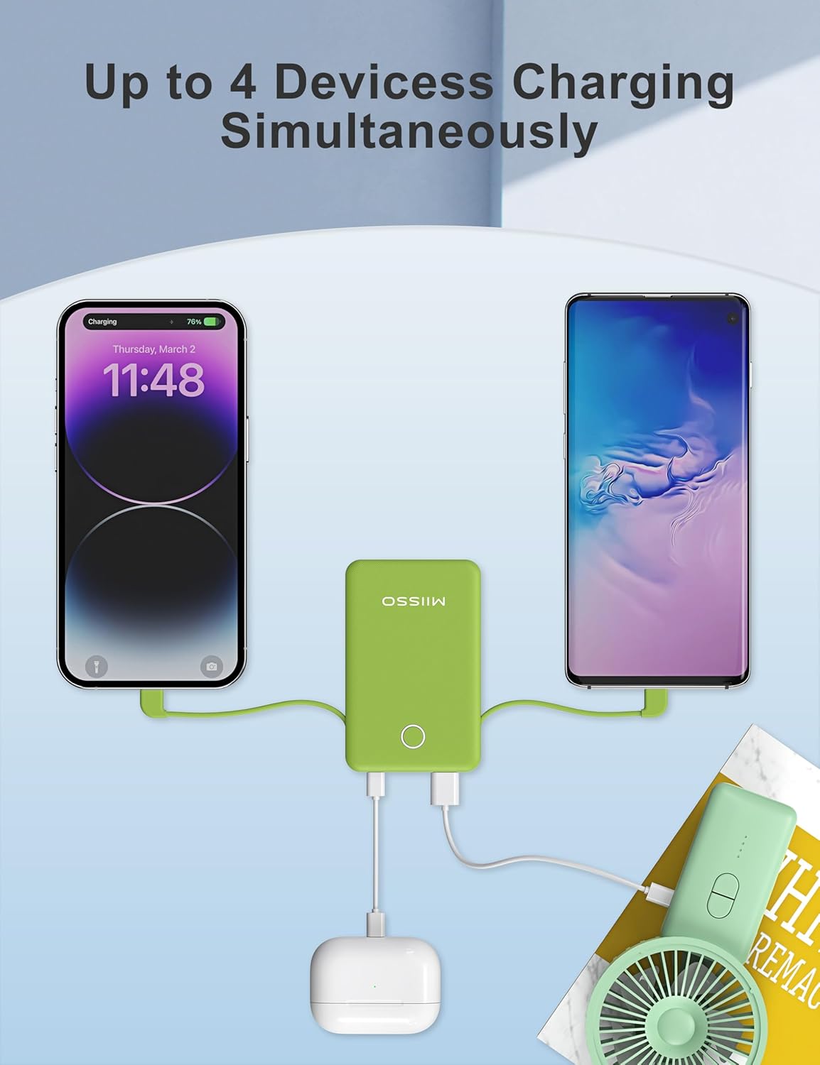 miisso 6000mah Ultra Slim Built in Cables Power Bank, Card Size Built in USB C Cords Battery Pack Portable Charger for Phones, 3 Output External Battery Pack Compatible with iPhone, Deep Green