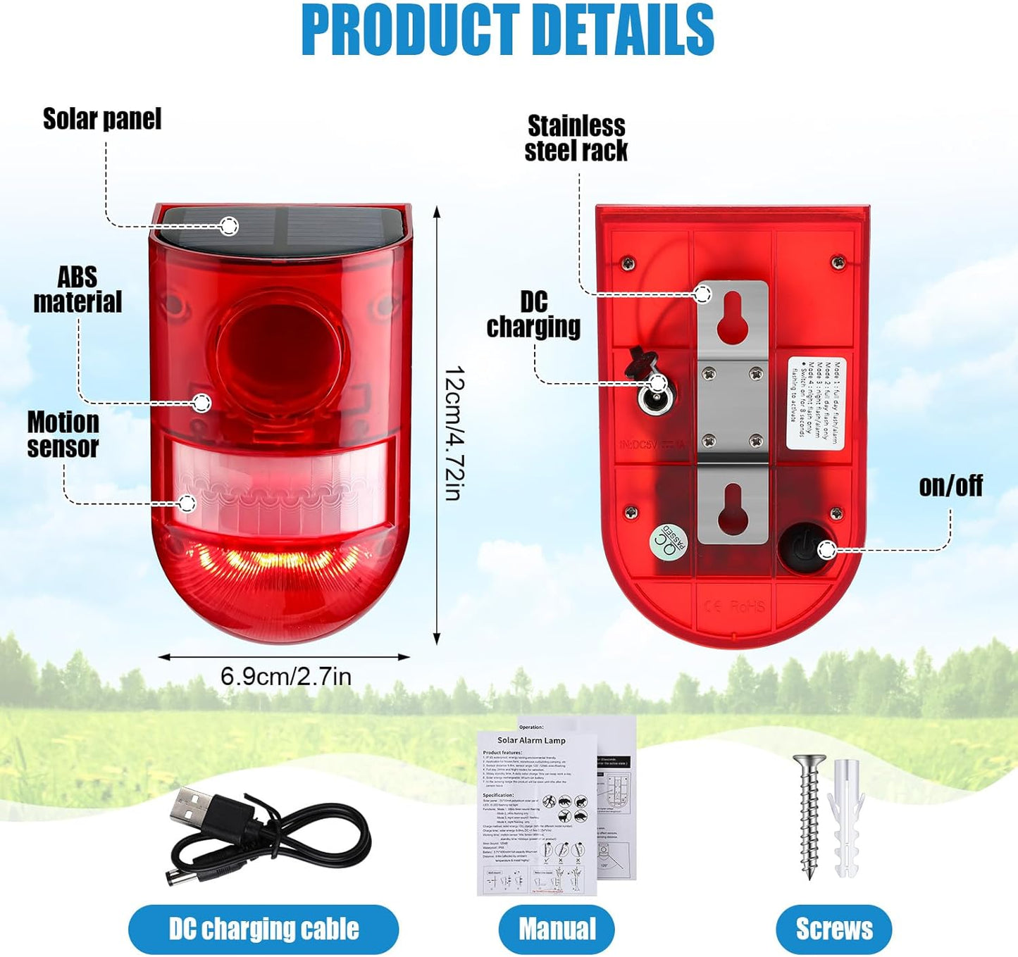 Qualirey 2 Pack Solar Sound and Light Alarm Motion Sensor 129db Outdoor Security Siren Waterproof Motion Activated Detector Alarm 6 LEDs Flash Warning Strobe System for Home, Farm (Red)