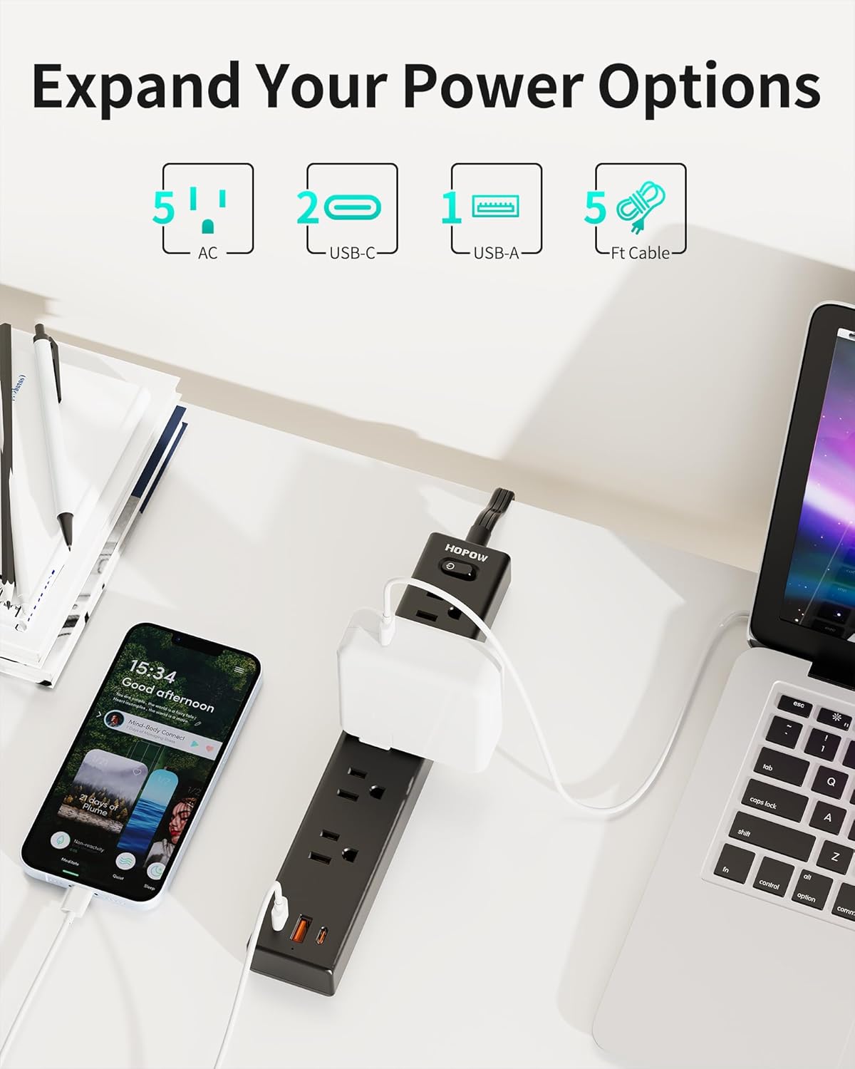 Flat Plug Power Strip, 2 Pack, 5 Ft Ultra Thin Flat Extension Cord, Surge Protector with 5 Outlets & 3 USB Ports (2 USB C Slots), 1700 Joules, 3-Prong, Wall Mount for Home Office Dorm, Black