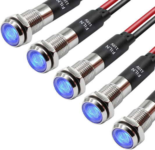5Pcs 8MM (5/16'') Indicator Light led Indicator 110V 220V Metal Pilot Lamp Lights Aluminum Black Anodized Waterproof ip67 Red Signal Lamp Light(110V-Brass Nickel Plated-Blue 5Pcs)