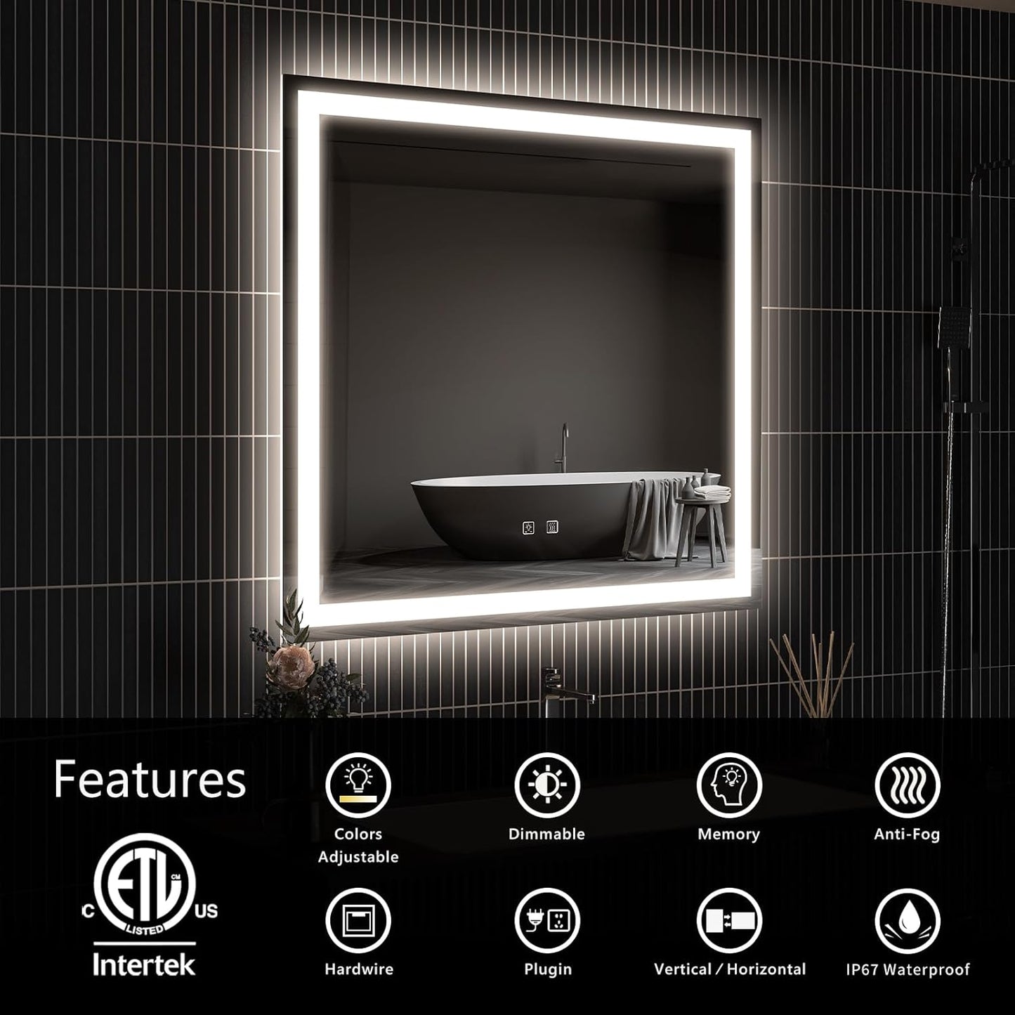 APRILSOUL 30x30 Inch LED Bathroom Mirror with Front and Backlit, Makeup Mirror with 3 Color Lights, Memory Function, Anti-Fog and Dimmable Light (Horizontal)