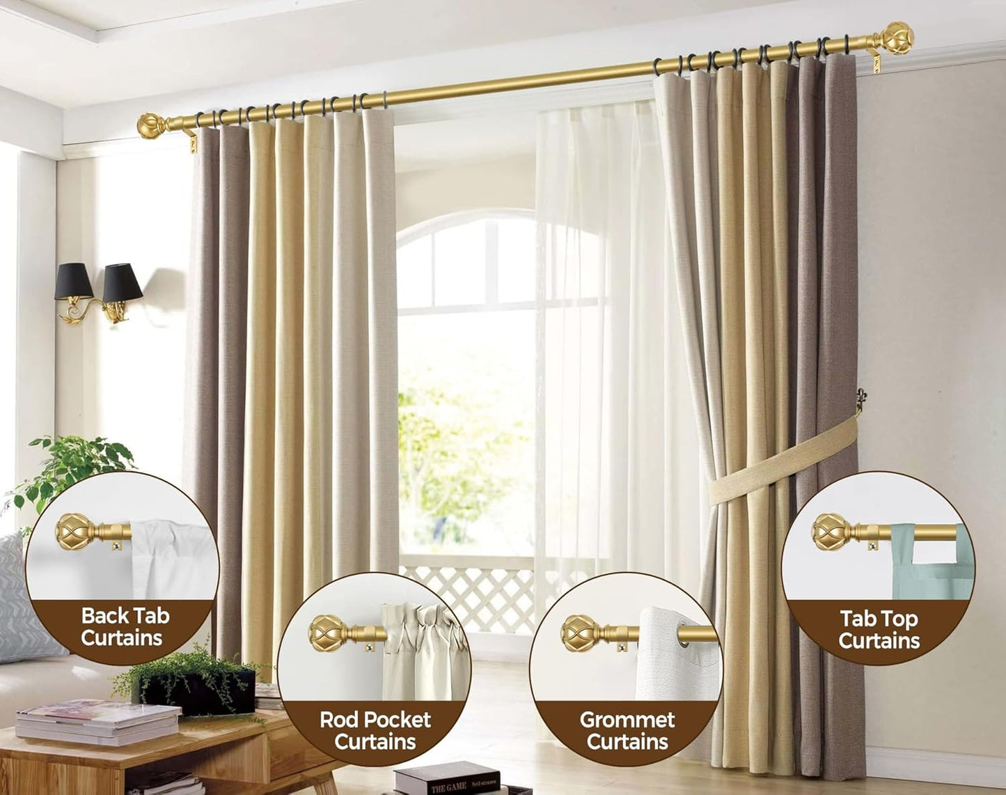 KAMANINA Gold Curtain Rod 32 to 58 Inch(2.6-4.8Ft), 7/8 Inch Single Adjustable Curtain Rods for Windows 28 to 48, Decorative Drapery Rods with Netted Texture Finials