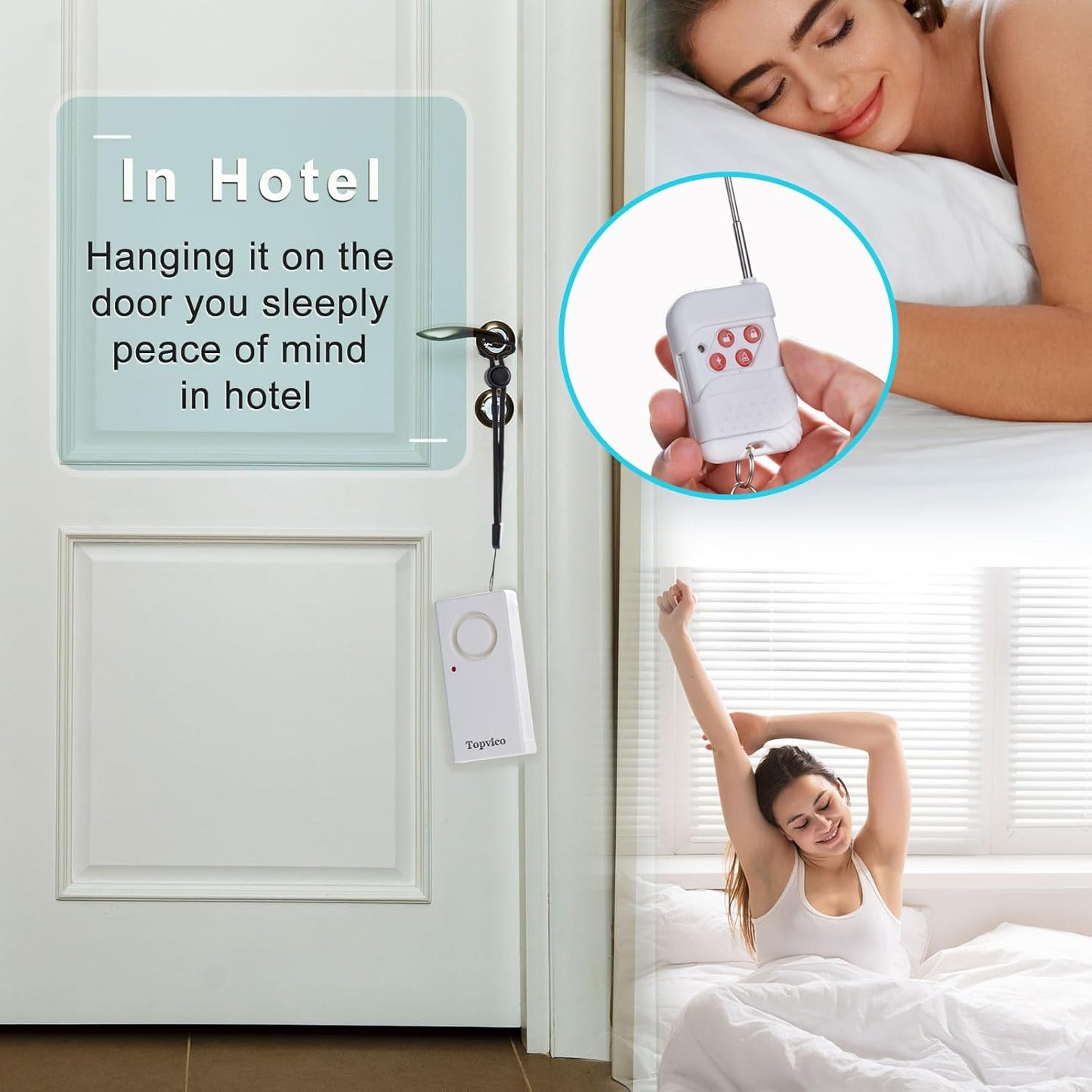 Topvico Door Handle Alarm Vibration Triggered, Hotel Travel Portable Door Alarm, 130dB Wireless Home Security for Kids, Elderly, Dementia, Remote Controller for Sensitivity Volume Adjust, 1 Pack