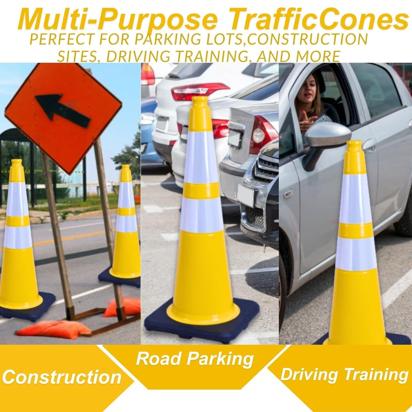 BESEA 4PACK 28” inch Traffic Safety Cones Yellow Road Parking Cones Heavy Duty Construction Cone Structurally Stable for Traffic Control at Public Place