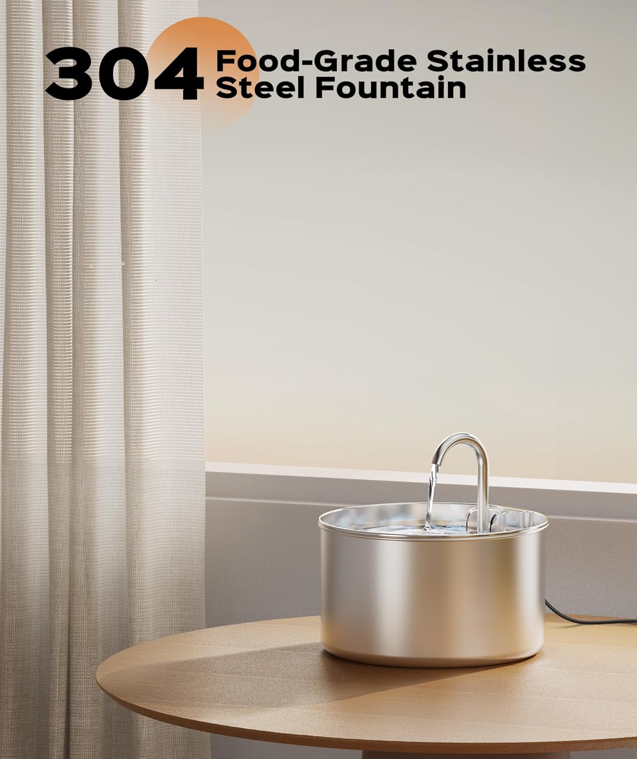 Cat Water Fountain Stainless Steel + 6 Filters + 3 Sponges - Pet Water Fountain 24/7 Keep The Water Fresh 74oz Capacity Ultra-Quiet No Sputter Compact Easy to Clean