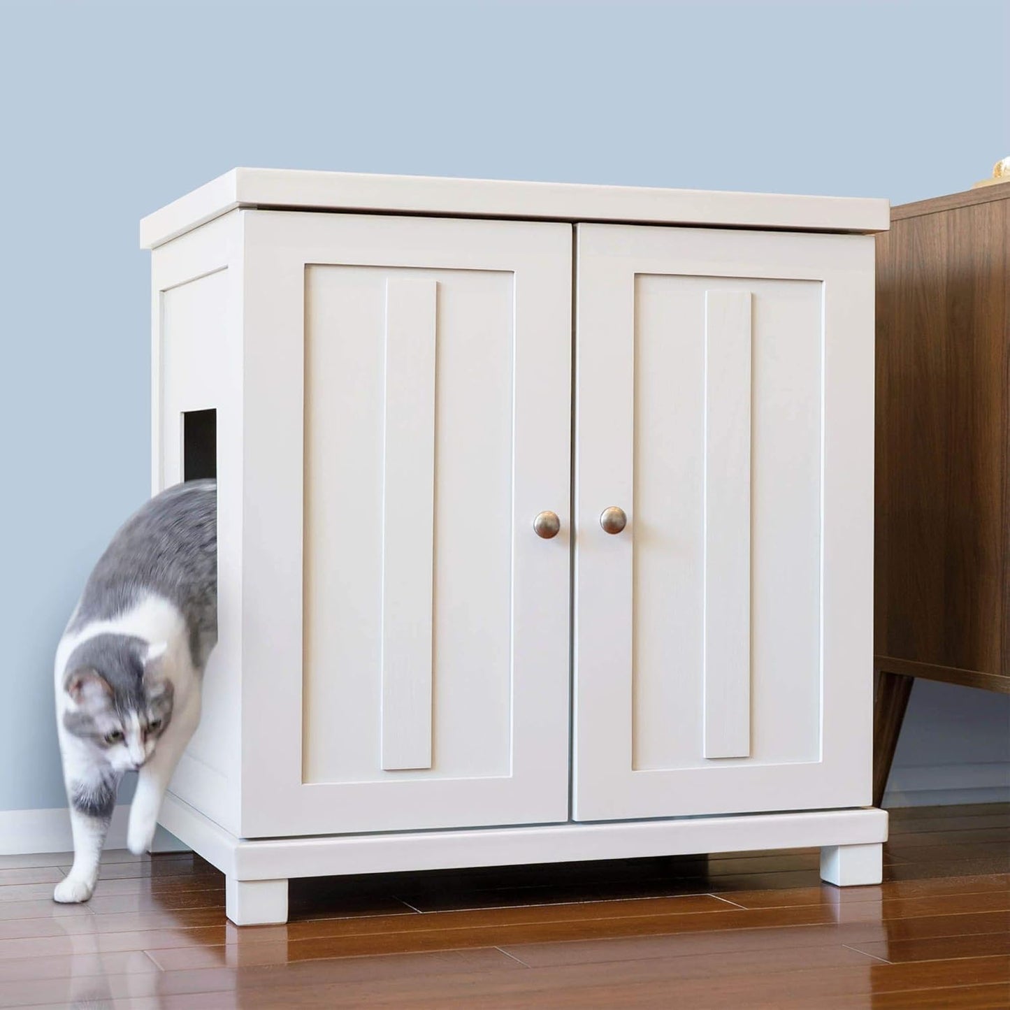 THE REFINED FELINE Cat Litter Box Enclosure Cabinet, Shaker, White, Square Feet, Large, Hidden Litter Cat Furniture with Drawer