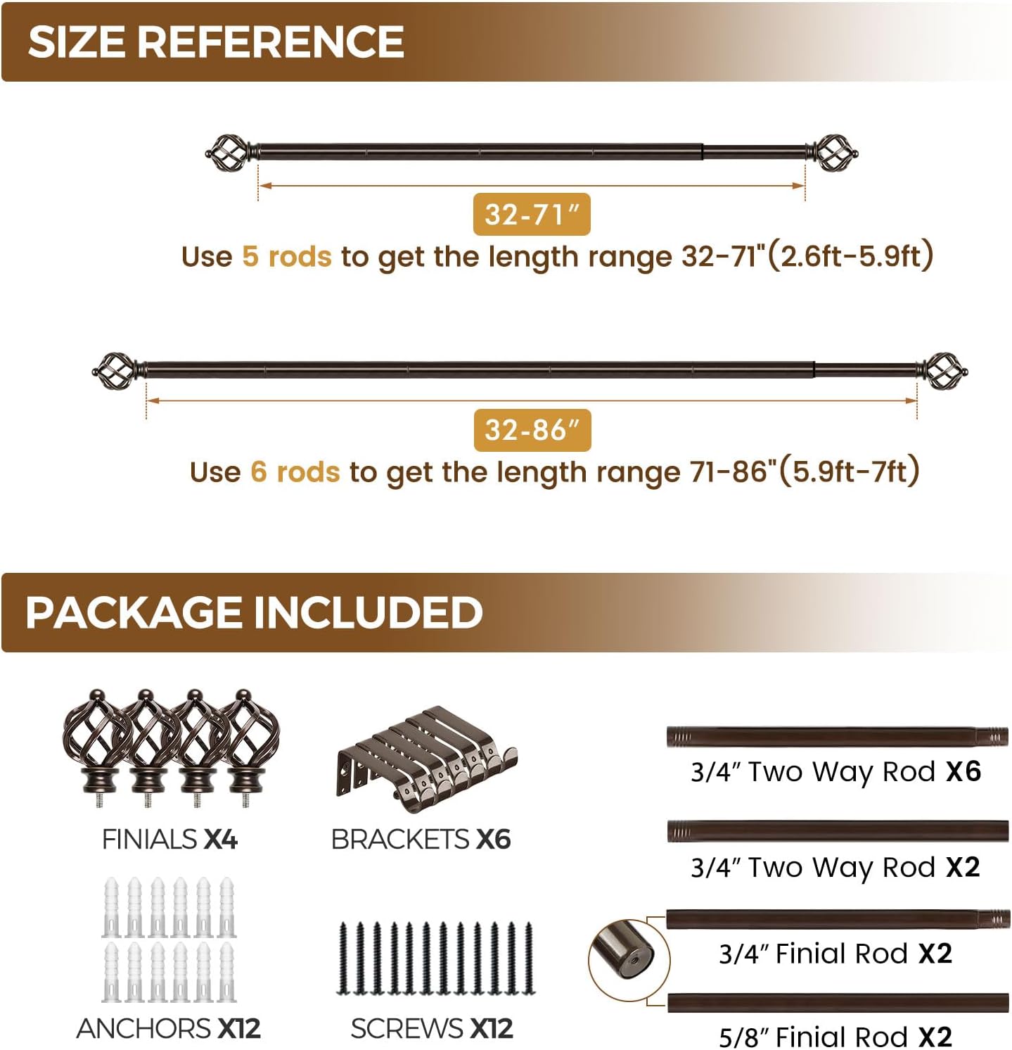 KAMANINA 2 Pack Curtain Rods 32 to 86 Inches (2.6-7.1ft), 3/4 Inch Curtain Rods for Windows Splicing Adjustable Single Drapery Rod with Twisted Cage Finial, for Indoor and Outdoor, Bronze