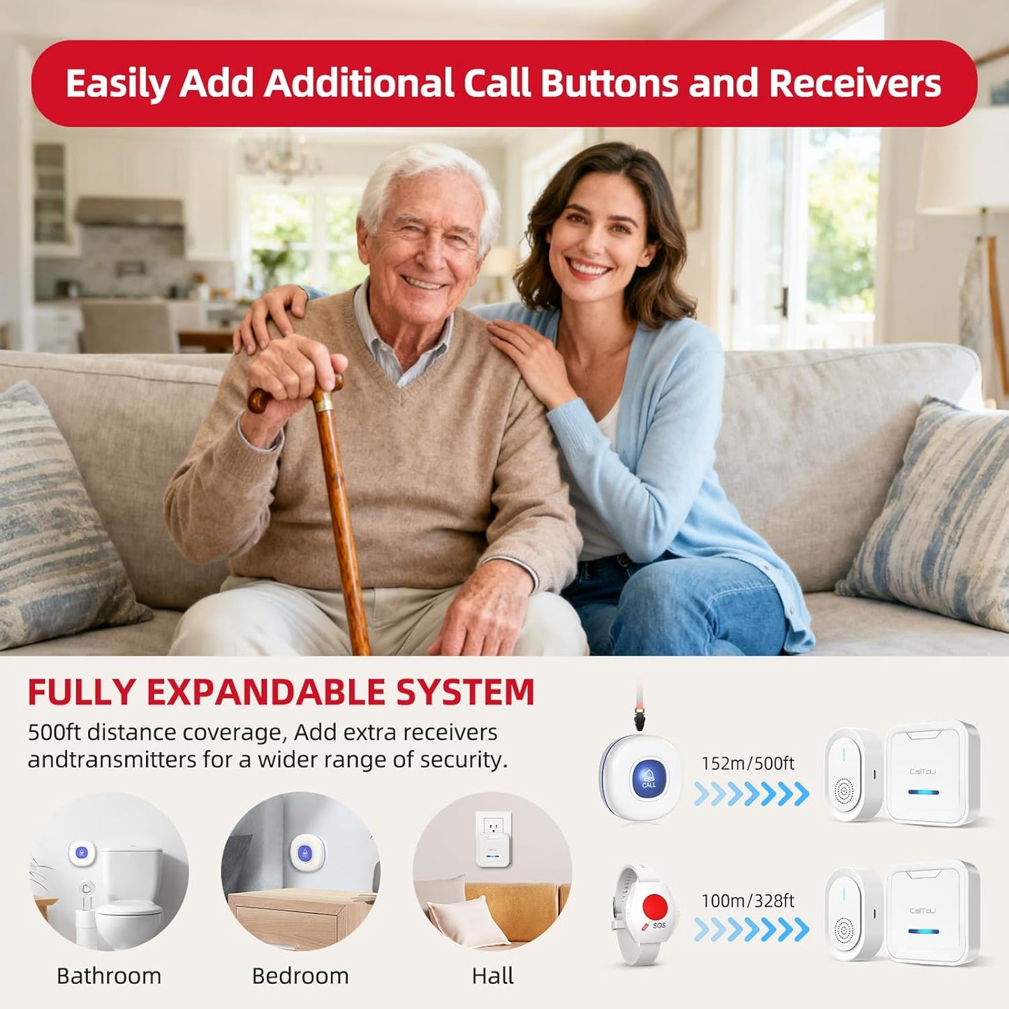 CallToU Wireless Caregiver Pager Call Button for Elderly - Nurse Alert System with 4 SOS Panic Button, 500+ Feet Range, 1 USB Receiver & 2 Plug-in Receiver for Home Care Seniors Monitoring