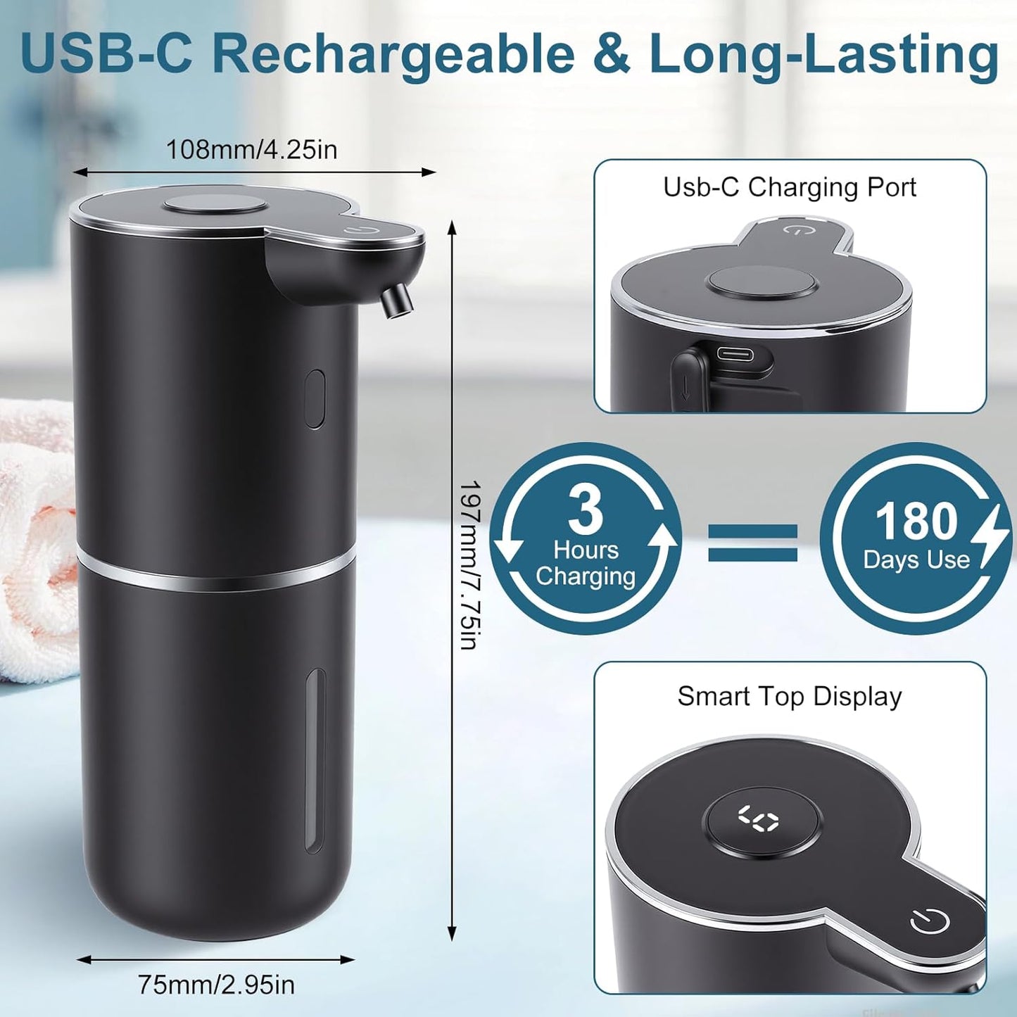 Automatic Soap Dispenser, Hand Soap Dispenser 12.8oz/380ml Smart Rechargeable, Black Soap Dispensers with 6-Level Touchless, Wall Mounted or Countertop Dish Soap Dispensing for Bathroom & Kitchen