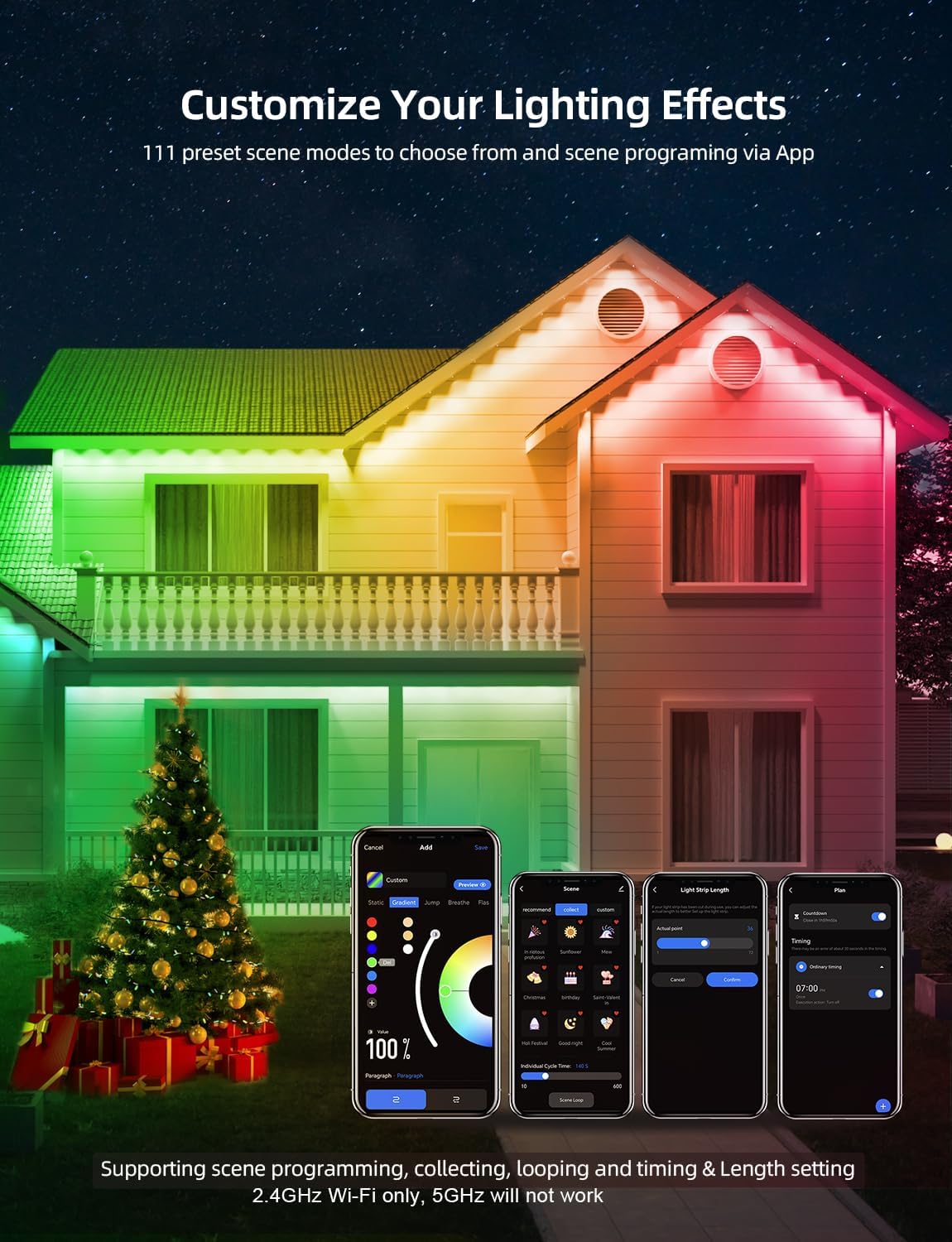 APPECK Permanent Outdoor Lights 100ft with 72 LEDs, 111 Scene Modes, Smart RGBW Lights with 40lm Warm White, App & Remote Control for Christmas, Halloween, Works with Alexa, Google Assistant, White