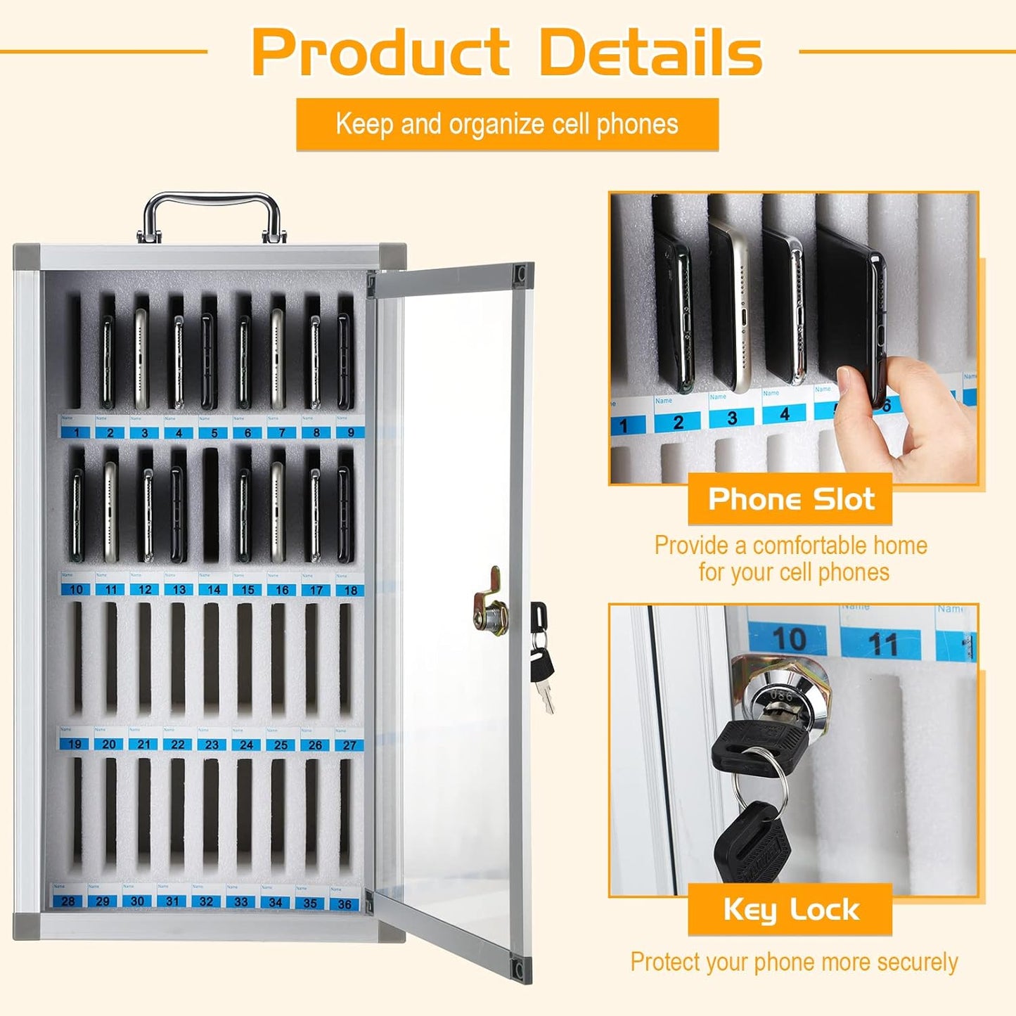 Amylove 36 Slots Cell Phone Locker Cabinet Aluminum Alloy Pocket Chart Storage Locker Box Cabinet Wall-Mounted Cell Phones Storage Box with Handle for Office Classroom Gym (White)