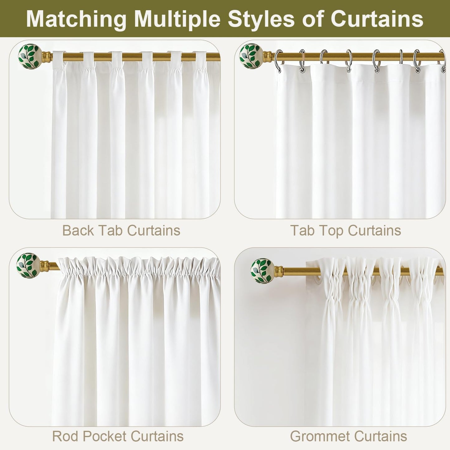 Ceramic Gold Curtain Rods for Windows 66 to 120 Inches Adjustable Length Heavy Duty 1" Diameter Window Curtain Rod with Modern Green Leaf Pattern Decorative Finials for Bedroom Living Room Kitchen