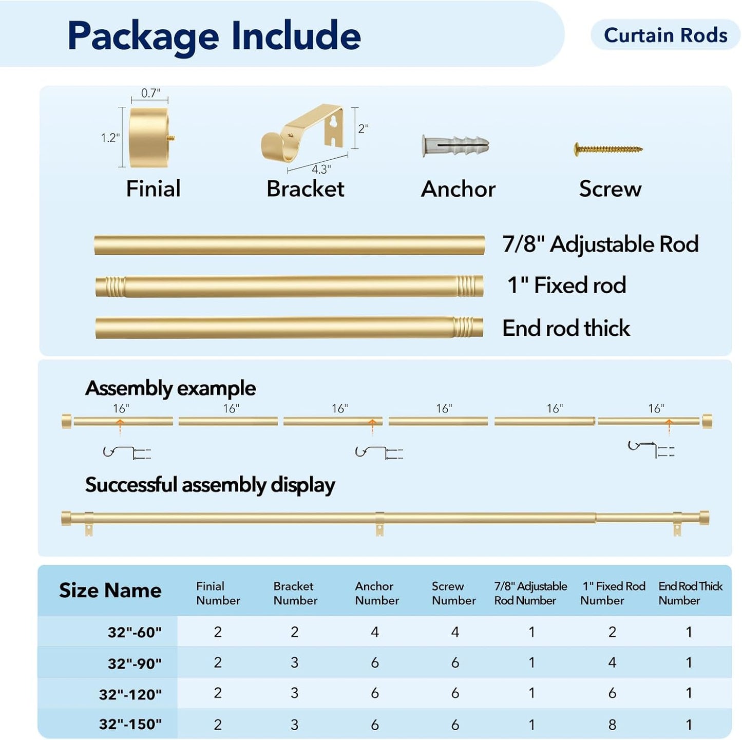 2 Pack Curtain Rods for Windows 48 to 84 Inch(4-7ft), 1 Inch Gold Adjustable Heavy Duty Curtain Rod Set, Modern Style Outdoor Drapery Rods for Patio Bedroom, Size 32"- 90"