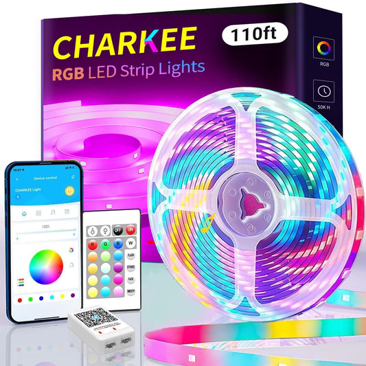 CHARKEE LED Strip Lights 110ft, Music Sync RGB LED Strip Lights for Bedroom/Gaming/Wall Decoration, Color Changing Bluetooth Led Lights IR Remote& APP Control, DIY(Dual-Side Power)