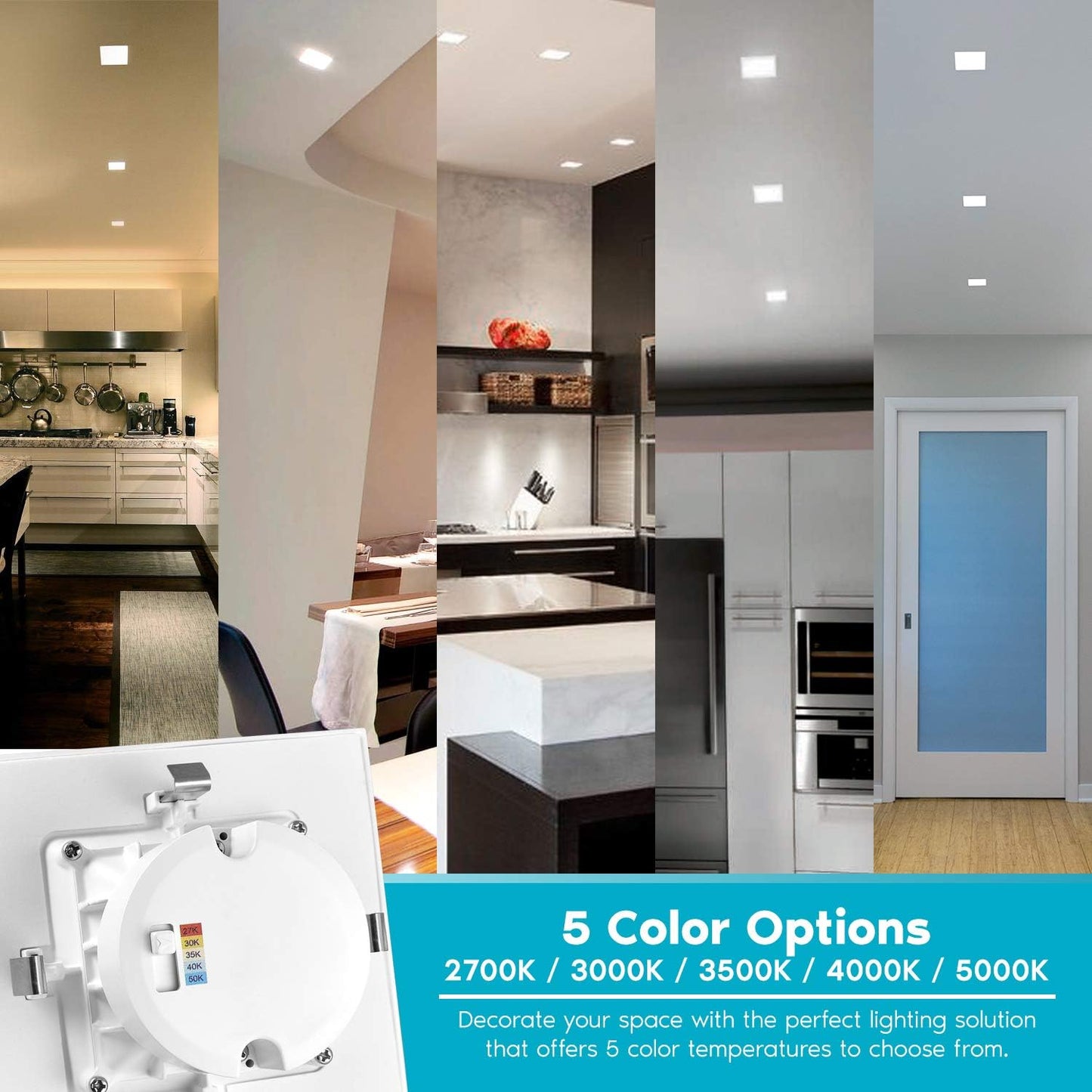 LUXRITE 4 Inch Square Recessed LED Can Lights, CCT Color Temperature Selectable 2700K | 3000K | 3500K | 4000K | 5000K, Dimmable Recessed Lights, 750 Lumens, CRI 90, Energy Star, Wet Rated (4 Pack)