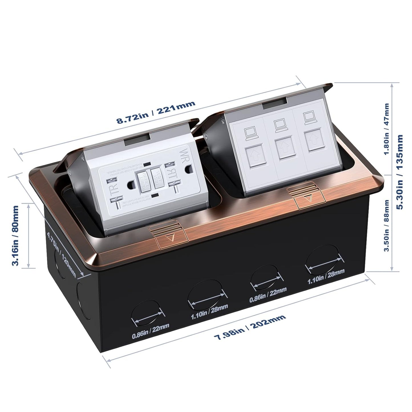KYHSHJ Dual Pop-Up Floor Electrical Outlet Box Kit，20 Amp Stainless Steel GFCI TR Receptacle Outlet，3-Port RJ45 Datacom Receptacle， Bronze