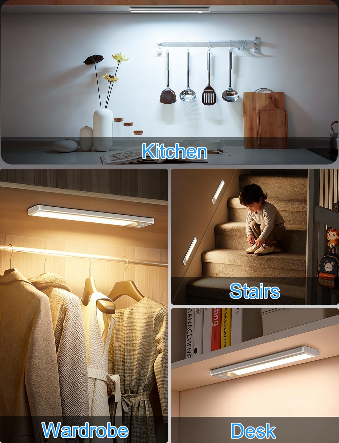 Under Cabinet Lighting with Charging Station, 2000mAh Rechargeable Motion Sensor Light Indoor, 3 Color Tempers Dimmable Closet Lights Wireless, Magnetic Under Cabinet Lights for Kitchen, 3-Pack