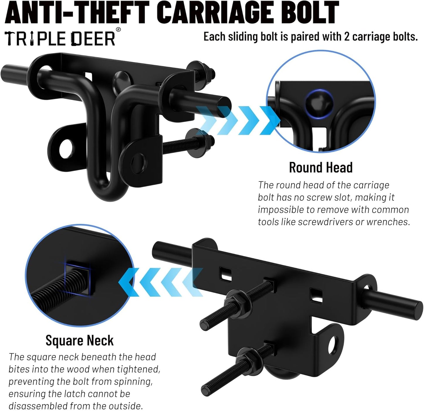 TRIPLE DEER Heavy Duty Sliding Bolt Gate Latch with Padlock Hole & Carriage Bolt, Slide Bolt Hardware for Wooden Fence/Yard Fence/Shed Door/Barn Door, Black, 1 Pack