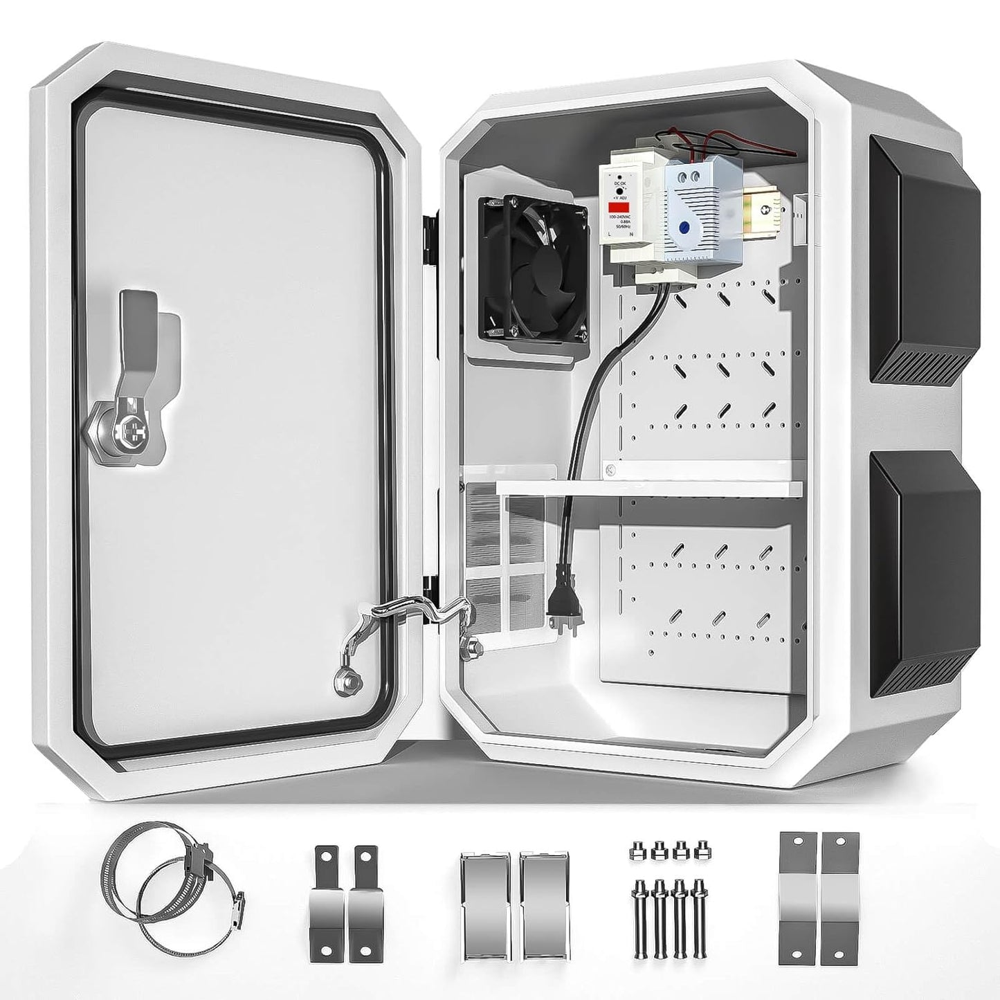 Outdoor Electrical Box with Thermostat and Fan, Cold-Rolled Steel Plate, Aluminum Alloy Back Beam, One-Piece Ventilation Design, IP65 Waterproof, Wall/Pole Mounted. (17.7" x 13.8" x 7.9")