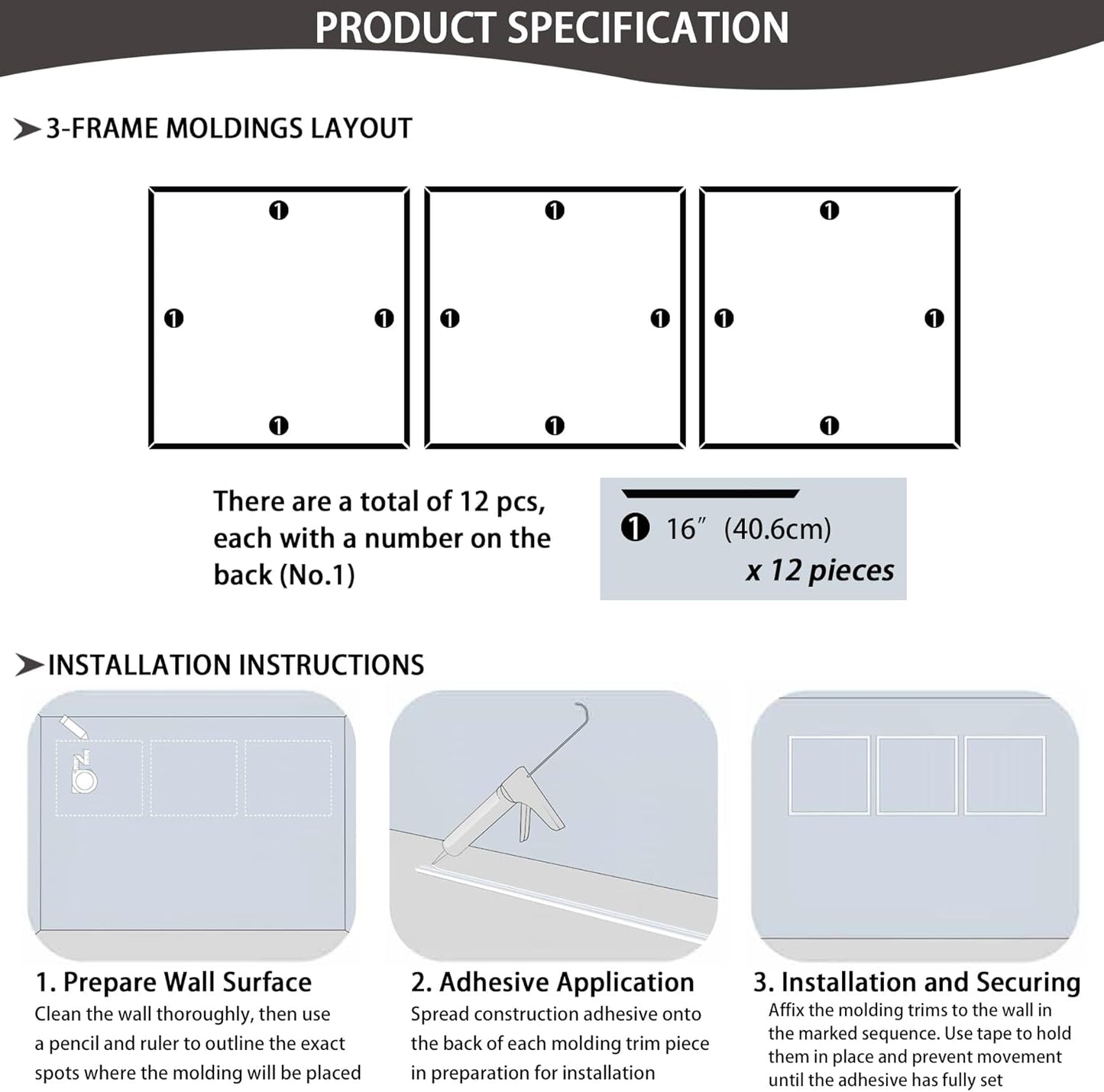 3-Frame 16" x 16" Premade Accent Wall Molding Kit, Ready-to-Assemble Wainscoting Panels, Pre-Cut Chair Rail Moulding Trim Picture Frame for Home Décor