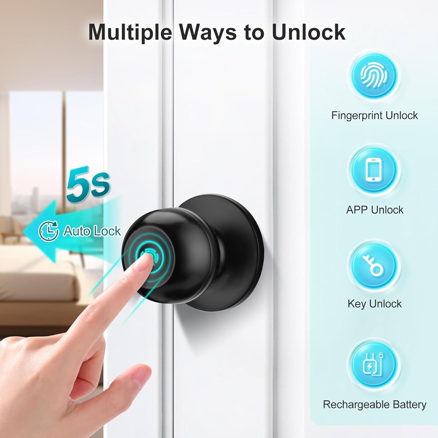 JO.KO Fingerprint Door Lock, Biometric Door Lock with App Control & Key, Smart Door Lock for Bedroom, Entry Door, Keyless Finger Print Door Knob with Thumb Print Black