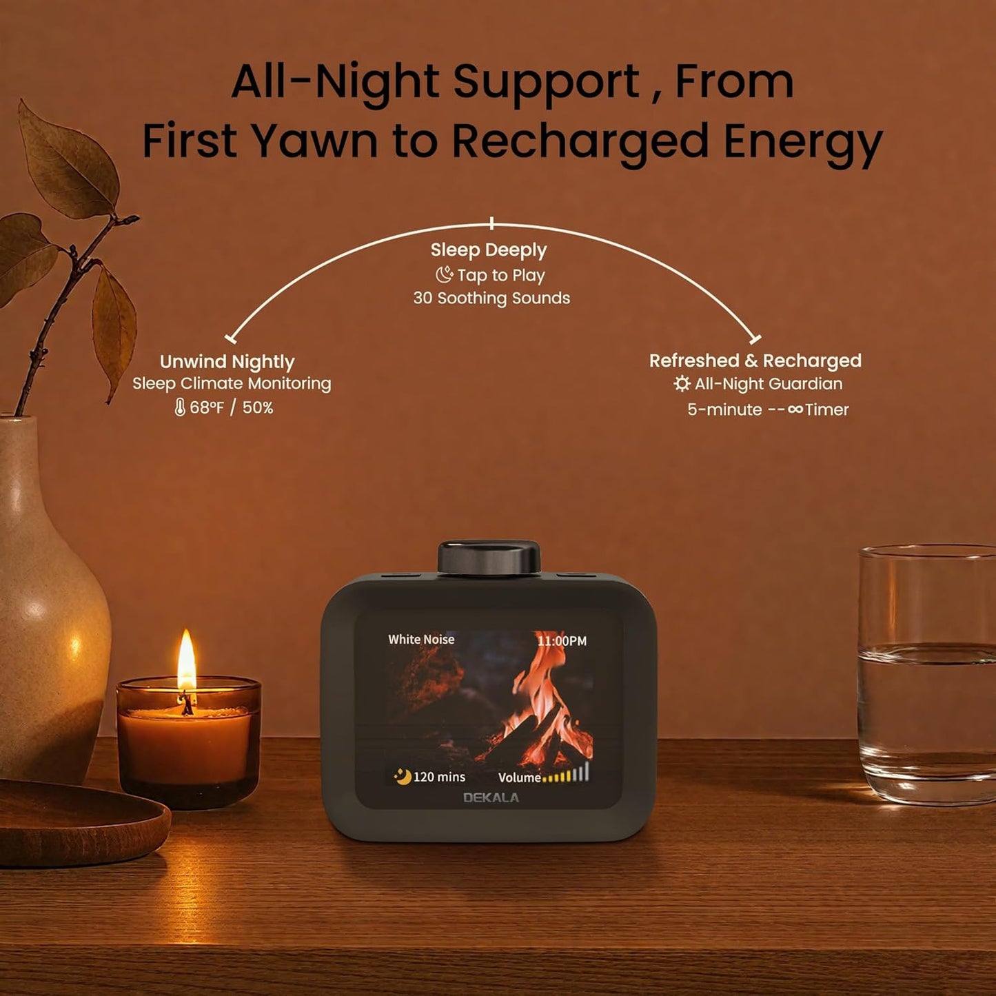 Dekala AuraDot White Noise Sound Machine for Sleep Temperature Humidity Monitor, 30 Non-Loop Soothing Sounds, Timer/Play All Night, Animationed Sleep Screen, 7-Day Programmable 4 Alarm Clock Black