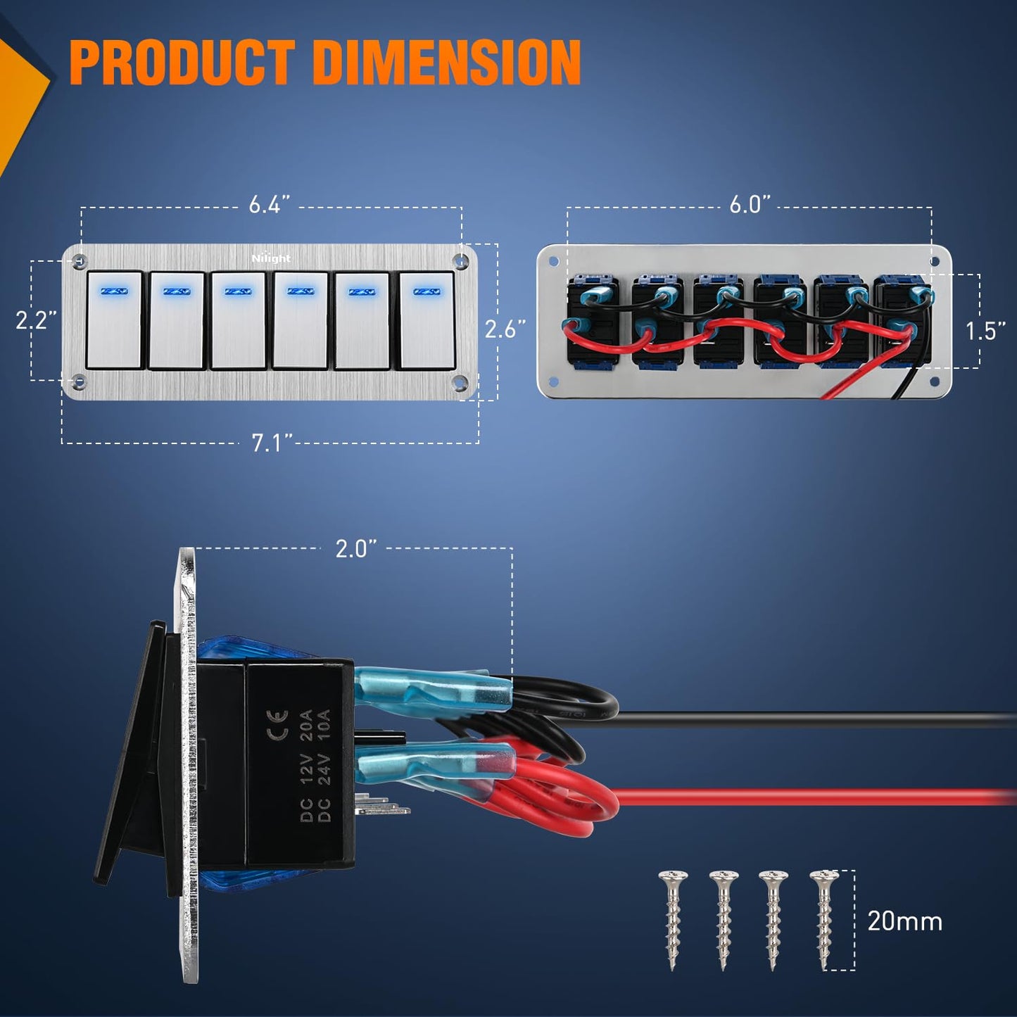 Nilight 6 Gang Rocker Switch Panel 3 Pin On Off Pre-Wired Blue LED Waterproof Aluminum with DIY Stickers for 12V 24V Automotive Cars Marine Boats UTV Truck Jeeps