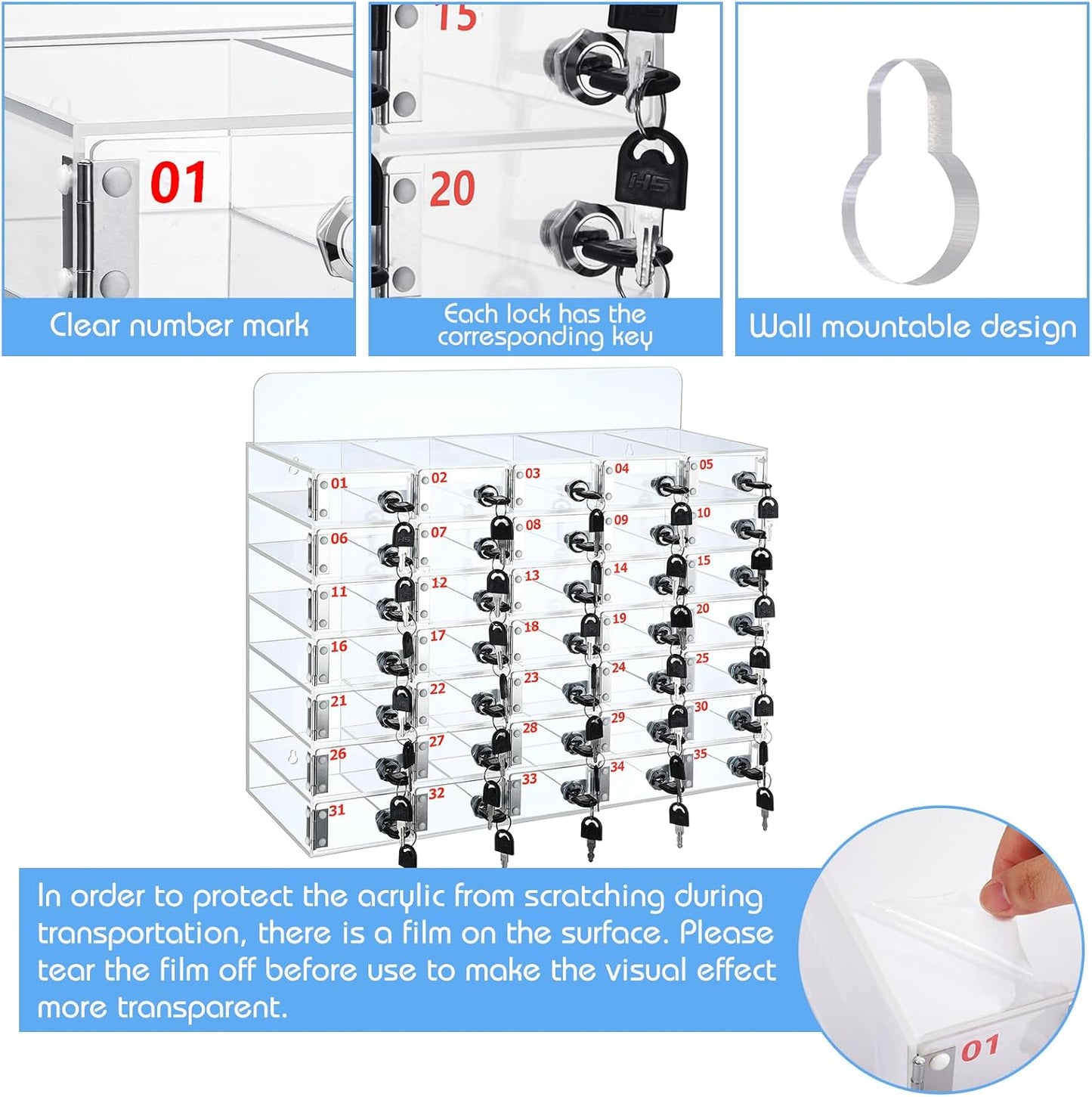 Threan 35 Slot Cell Phone Storage Box, Clear Cell Phone Storage Cabinet Wall Mounted, Including Door Locks and Keys for Office School Factory Classroom Students Staff