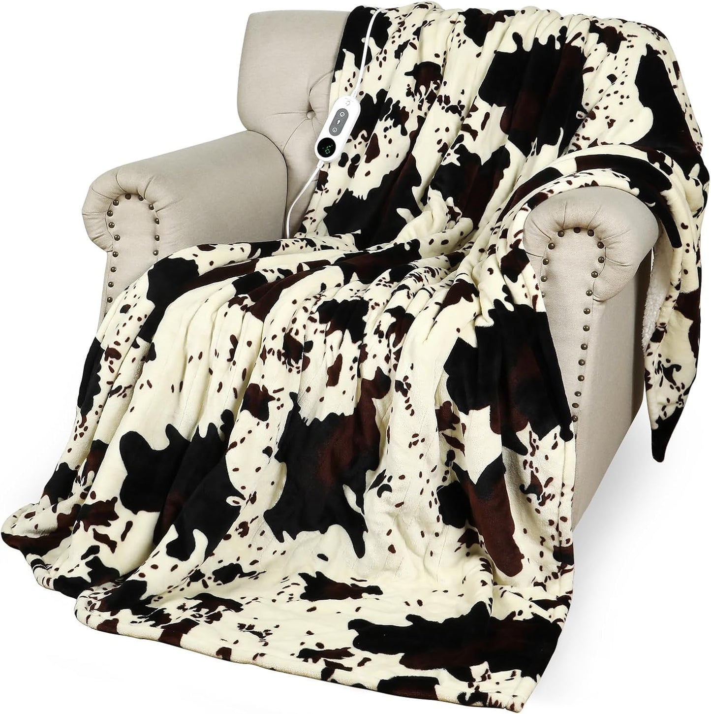 Heated Twin Blanket, 60"x80" Cow Print Electric Twin Heating Blanket, Cozy Soft Flannel Sherpa Heating Blankets with 9 Heat Levels & 2/4/8/12H Auto-Off