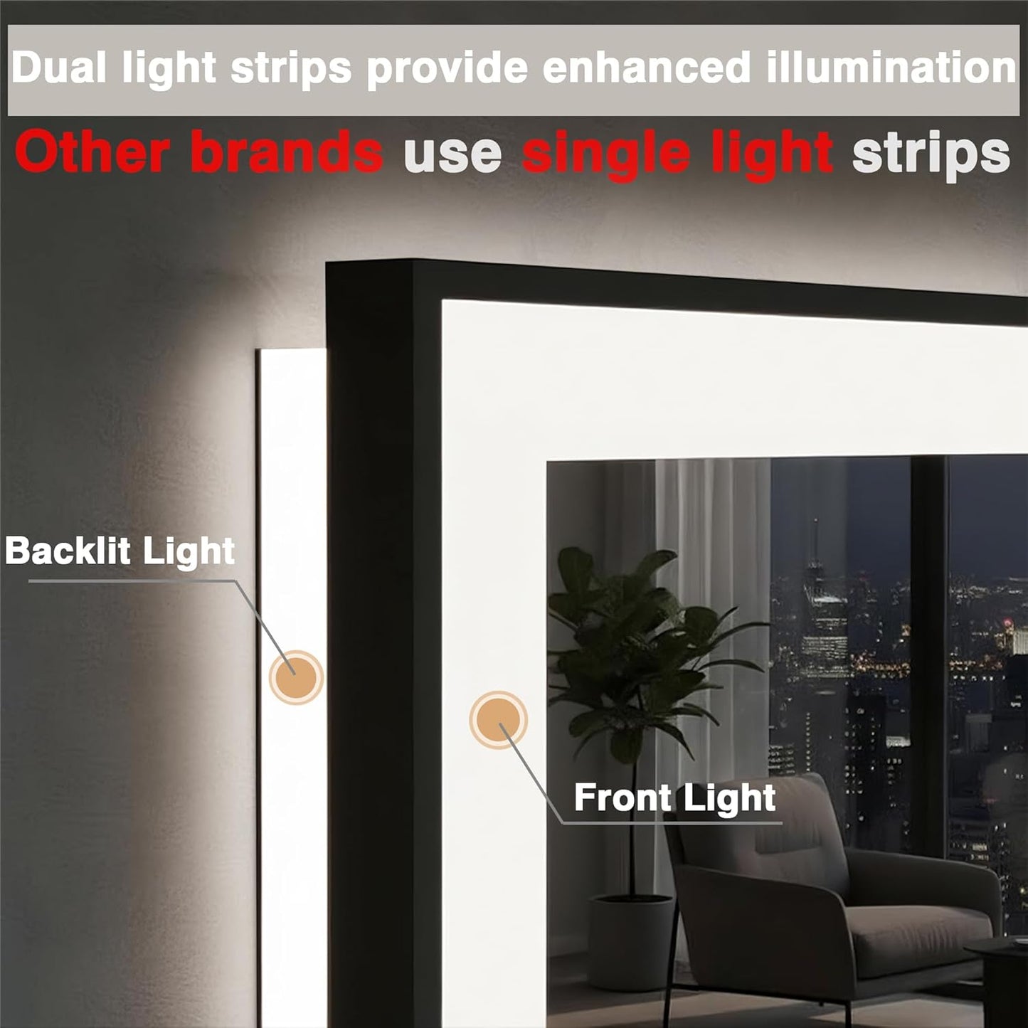 55x40 Bathroom Mirror with LED Lights - Black Framed, Front and Backlit Mirror, Anti-Fog LED Vanity Mirror, 3 Colors and Dimmable Mirror, Waterproof, Corrosion Proof (Horizontal/Vertical)