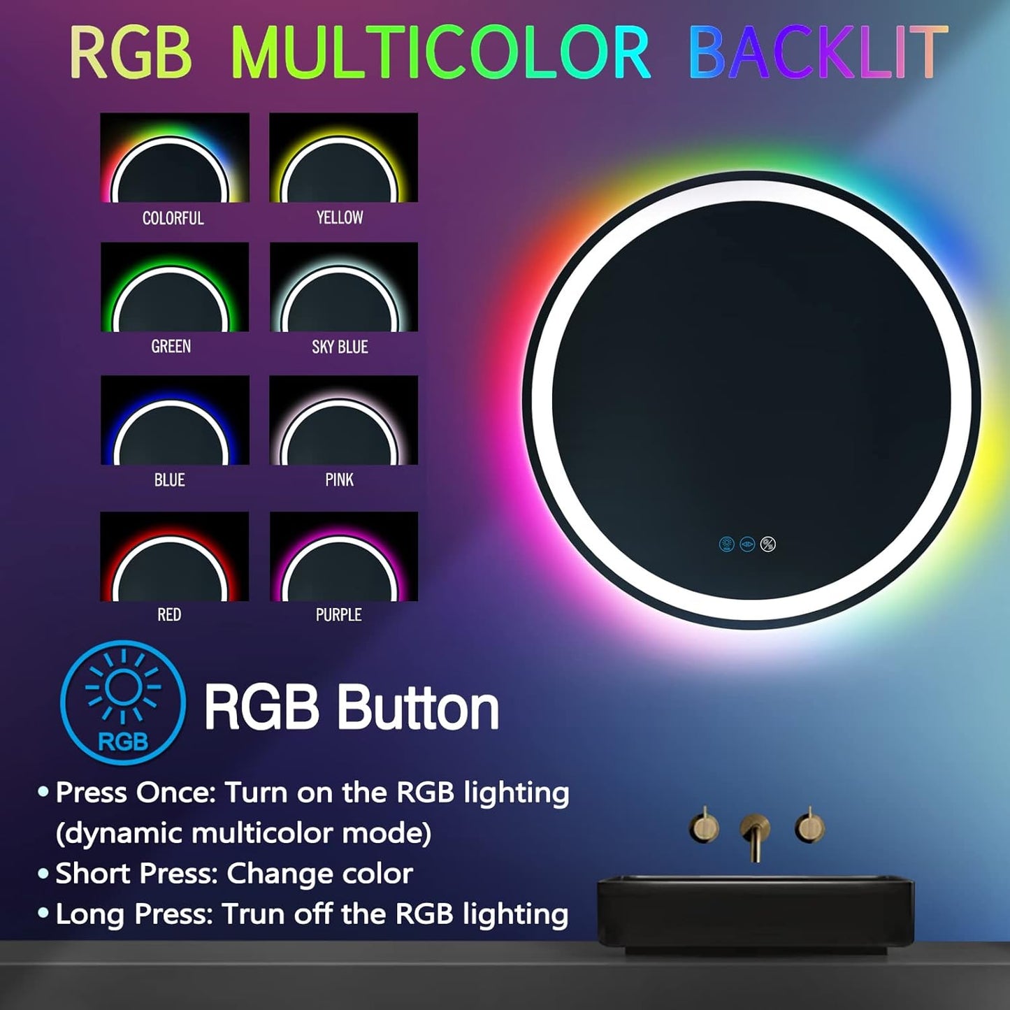 20 inches Round LED Bathroom Mirror, Wall Mounted, Front Lights (3 Colors) & RGB Backlit, Anti-Fog, Smart Light up, Circle Mirror, 20Inch Vanity Mirror, Rainbow