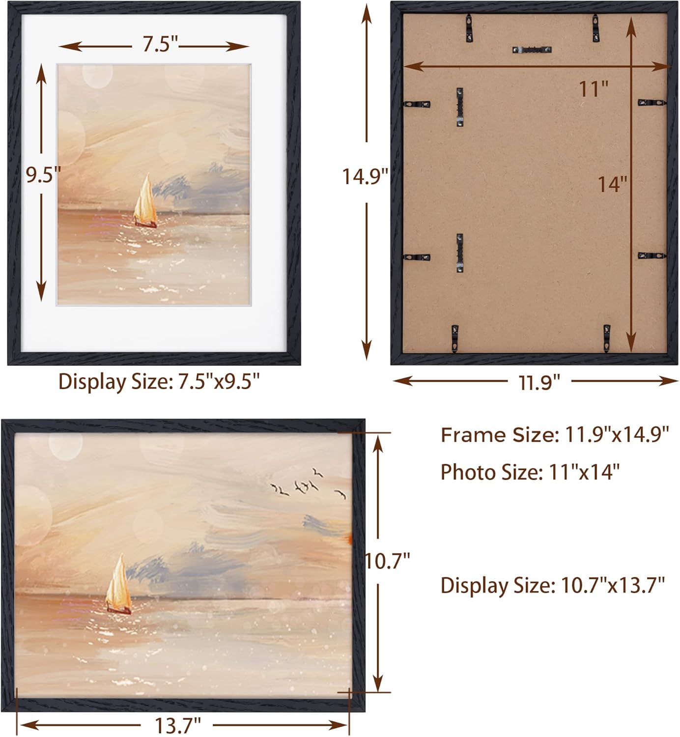 Fun Memories Black Picture Frames 11x14 Set of 3, Light Wood 11 x 14 Frames for Wall, Solid Oak Wood Frame 11 by 14 with Tempered Glass, 11x14 Frame with Mat for 8x10, Black 11x14 Poster Frames