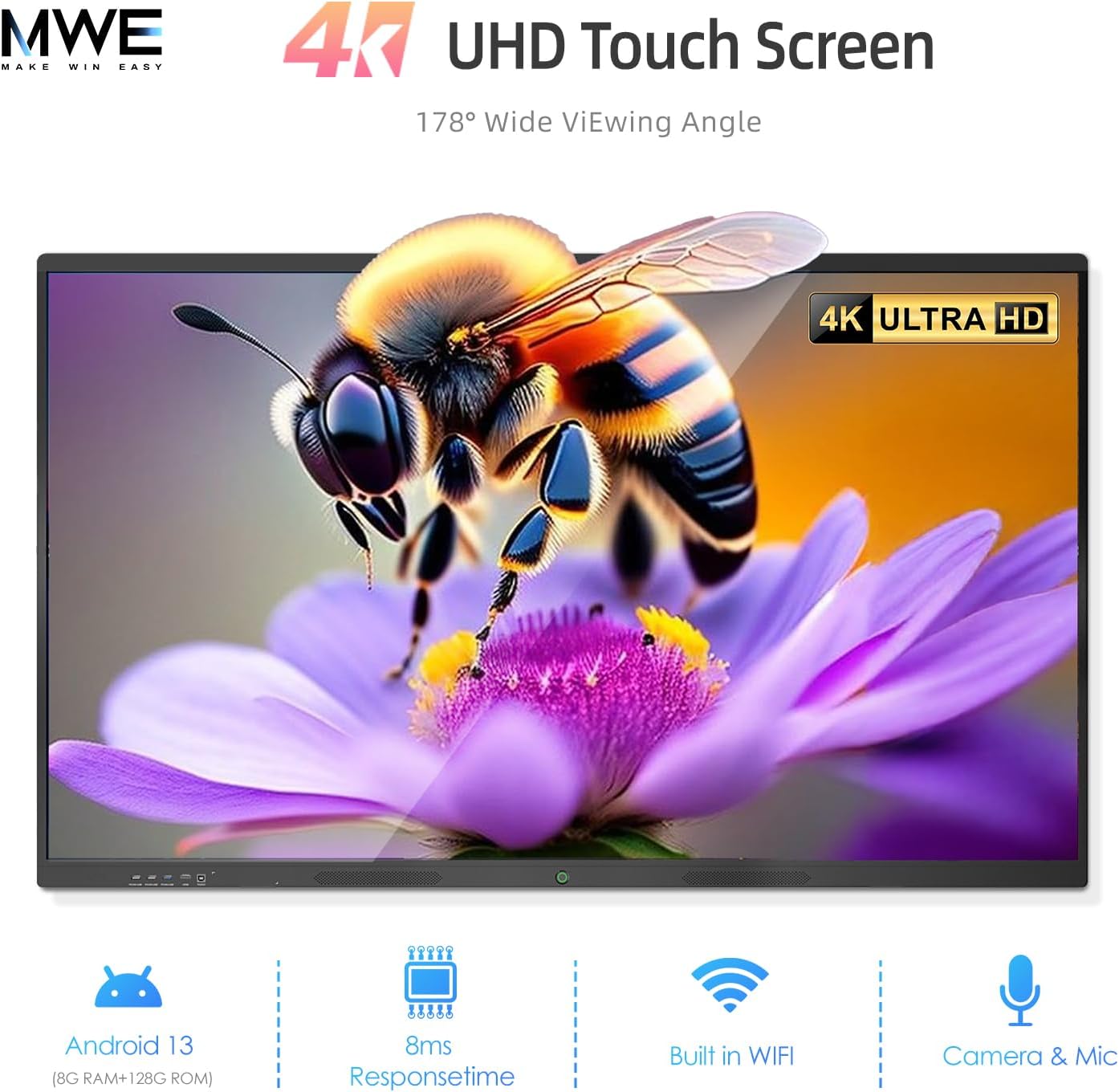 85" Smart Board, Interactive Whiteboard, 4K Electronic Board, UHD Touchscreen, Android 13, 8+128G, All in One Smartboard for Classroom Office Home (Wall Mount Included)