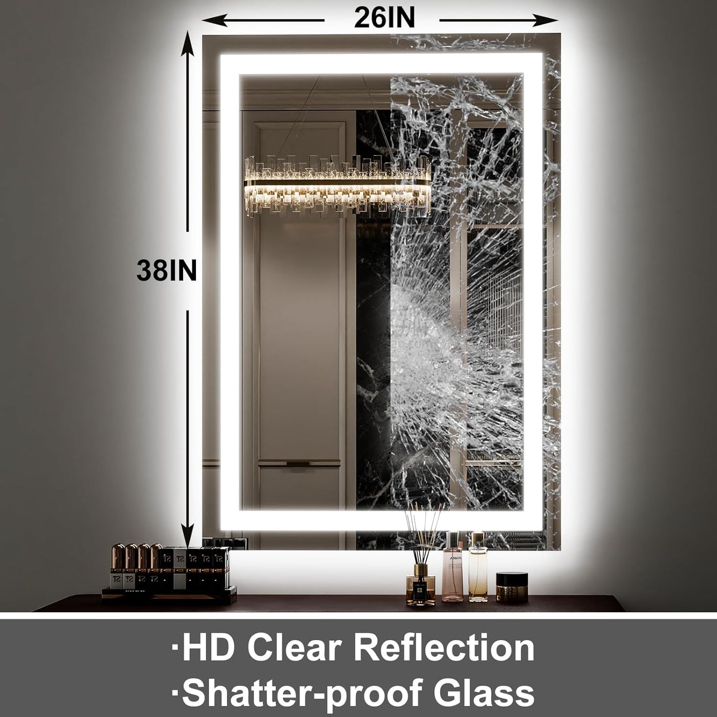 GLSLAND 26"x38" LED Bathroom Mirror with Lights, Dimmable Front and Backlit Vanity Mirrors, Wall Mounted Anti-Fog Lighted Mirror, Horizontal/Vertical Hanging