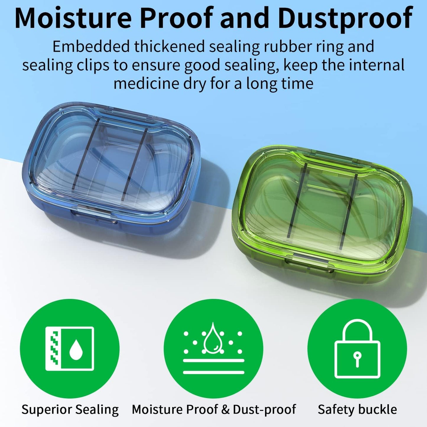 2 Pack 3 Compartment Small Pill Box, Moisture Proof Case, Travel Organizer for Pocket Purse, Daily Portable Medicine Vitamin Container, Fish Oil and Supplement Storage