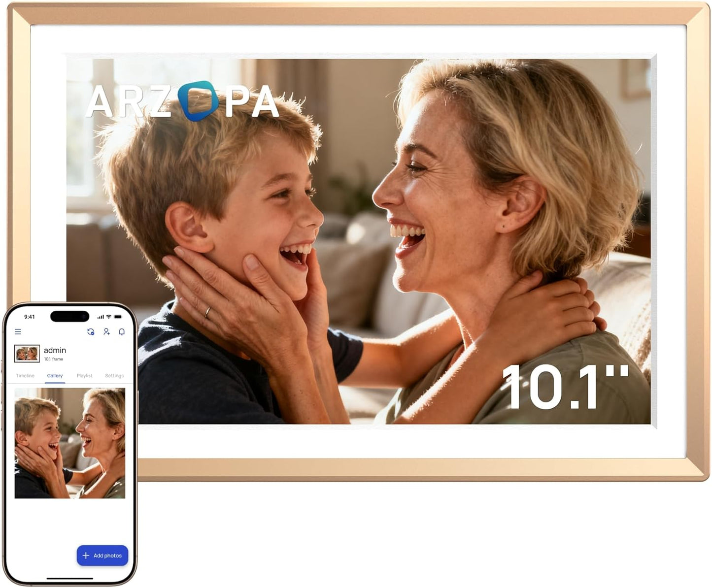 ARZOPA D10 Metal Digital Picture Frame 10.1" HD IPS Anti-Glare Touch Screen Load Photos & Videos Directly from Phone Ideal for Thoughtful Gifting Small and Exquisite - Champagne Gold