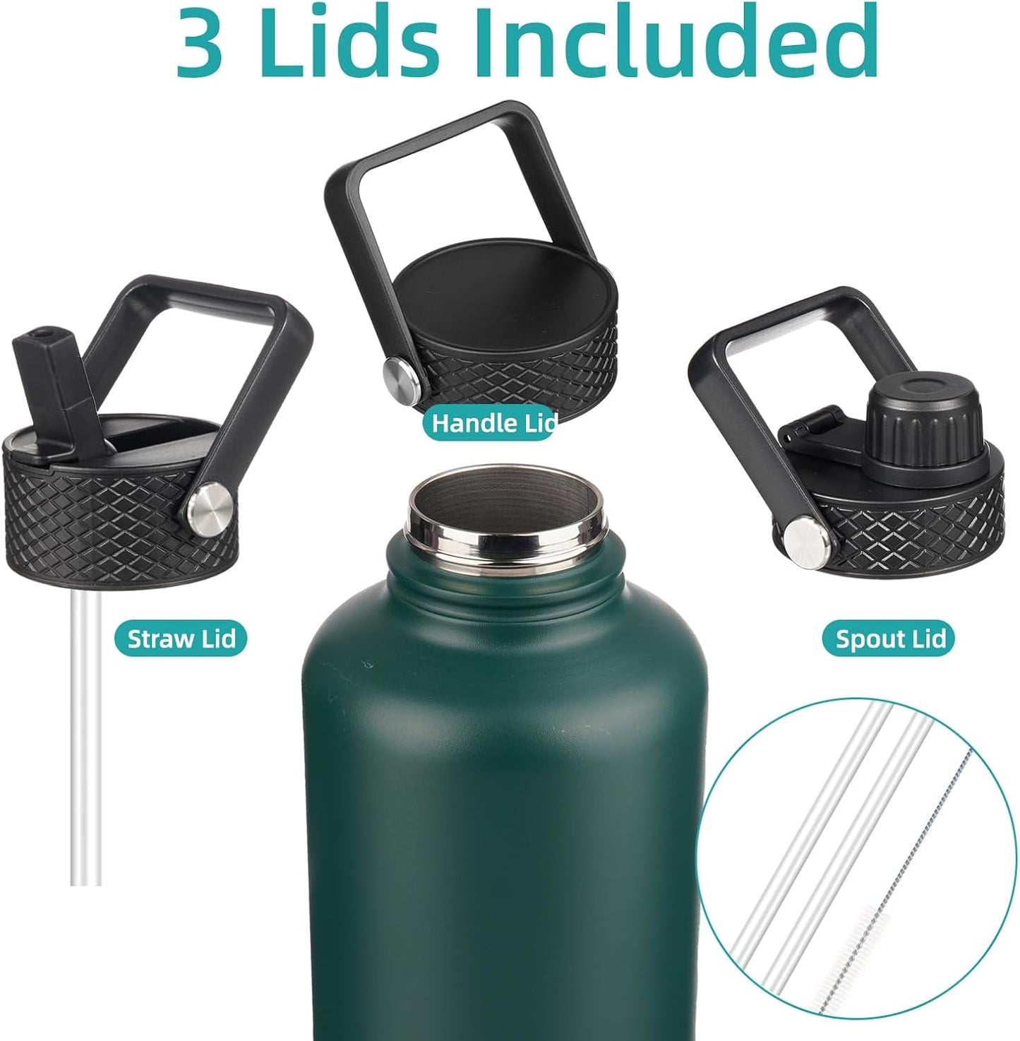 Insulated Water Bottle with Straw,50 oz 3 Lids Water Jug with Carrying Bag,Paracord Handle,Double Wall Vacuum Stainless Steel Metal Flask,Dark Green