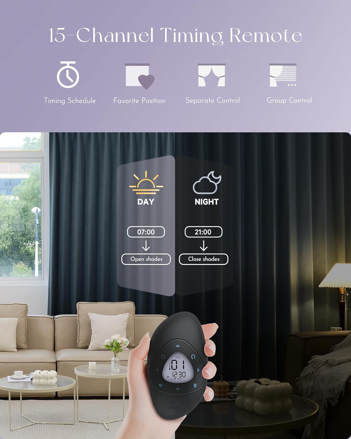 Graywind Rechargeable Smart Curtains Compatible with Alexa App Remote Control Motorized Drape for Sliding Door One-Way or Split Draw, Custom Width Up to 220" (Galaxy Series)