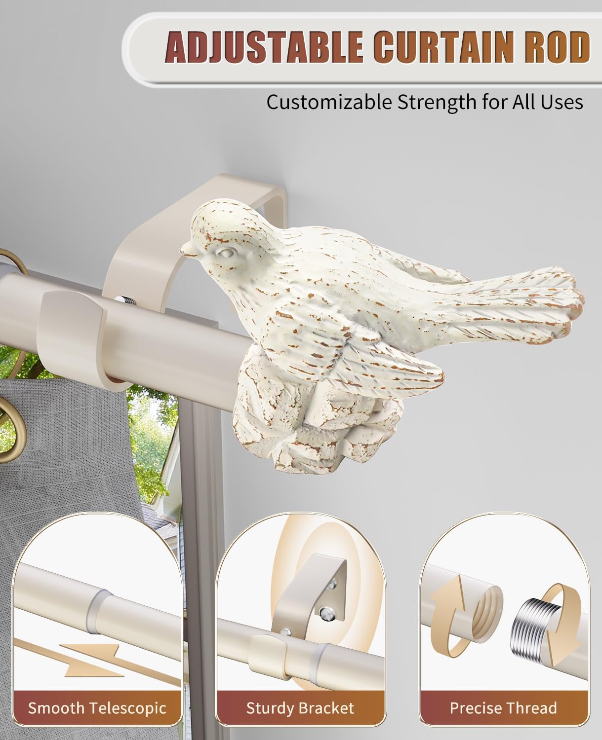 White Curtain Rod 36 to 144 Inches Curtain Rods for Windows Adjustable Heavy Duty Drapery Rod with Bird Finials for Kitchen Window Living Room