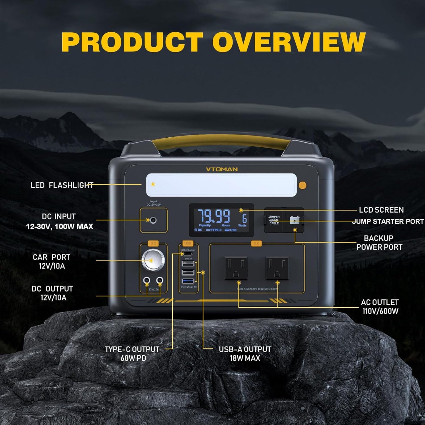 VTOMAN Jump 600X Portable Power Station 600W, 299Wh Solar Generator LiFePO4 Battery Power Station with Jump Start for Car, 1200W AC Outlet, PD 60W USB-C, 3x Regulated 12V/10A DC for Camping, RV Travel