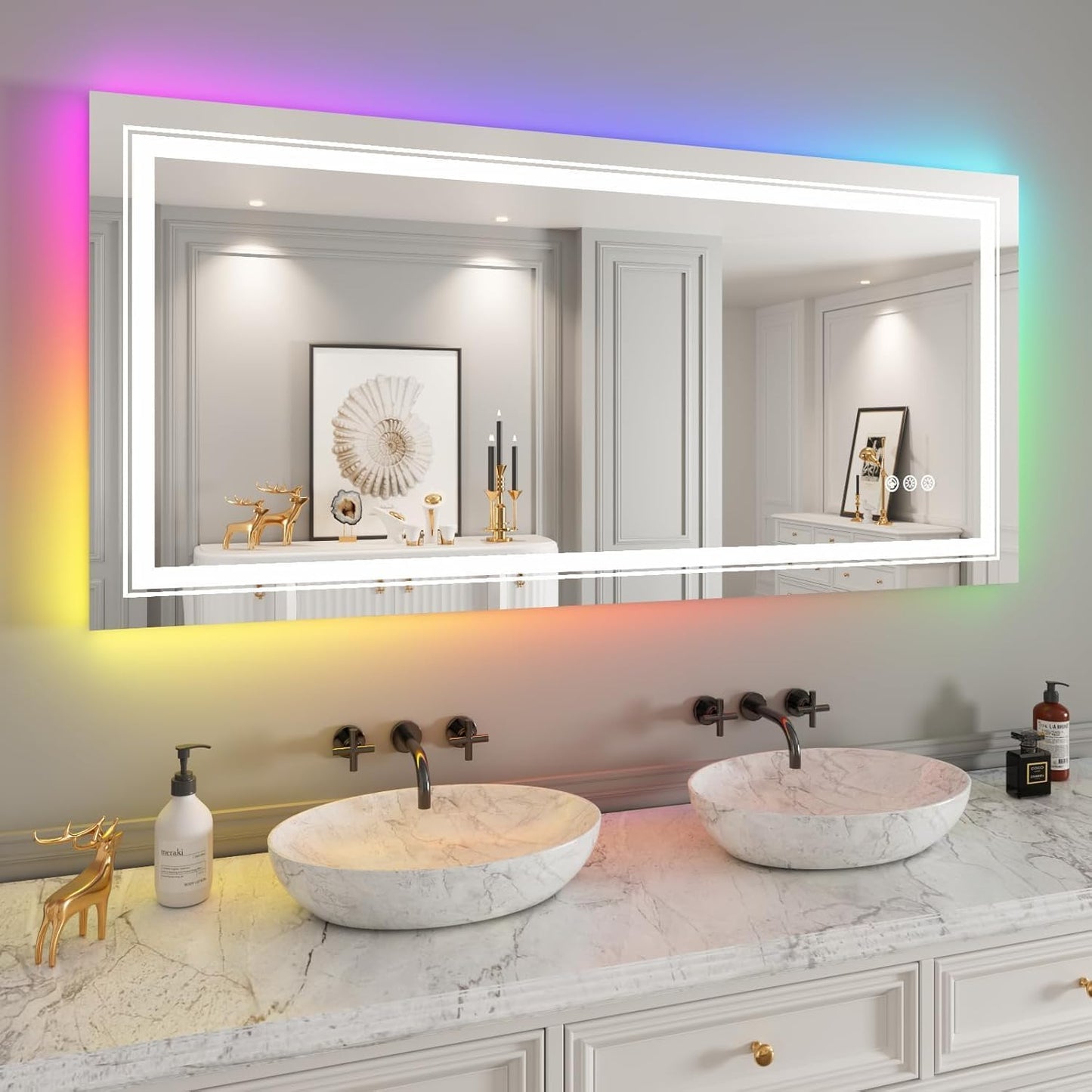 LED Mirror for Bathroom, 60"X28" with 8 RGB Backlit +3 Front Lit (Adjustable Individually), Anti-Fog, Large Lighted Bathroom Vanity Mirror for Wall,Shatterproof,Memory Function,Tempered Glass
