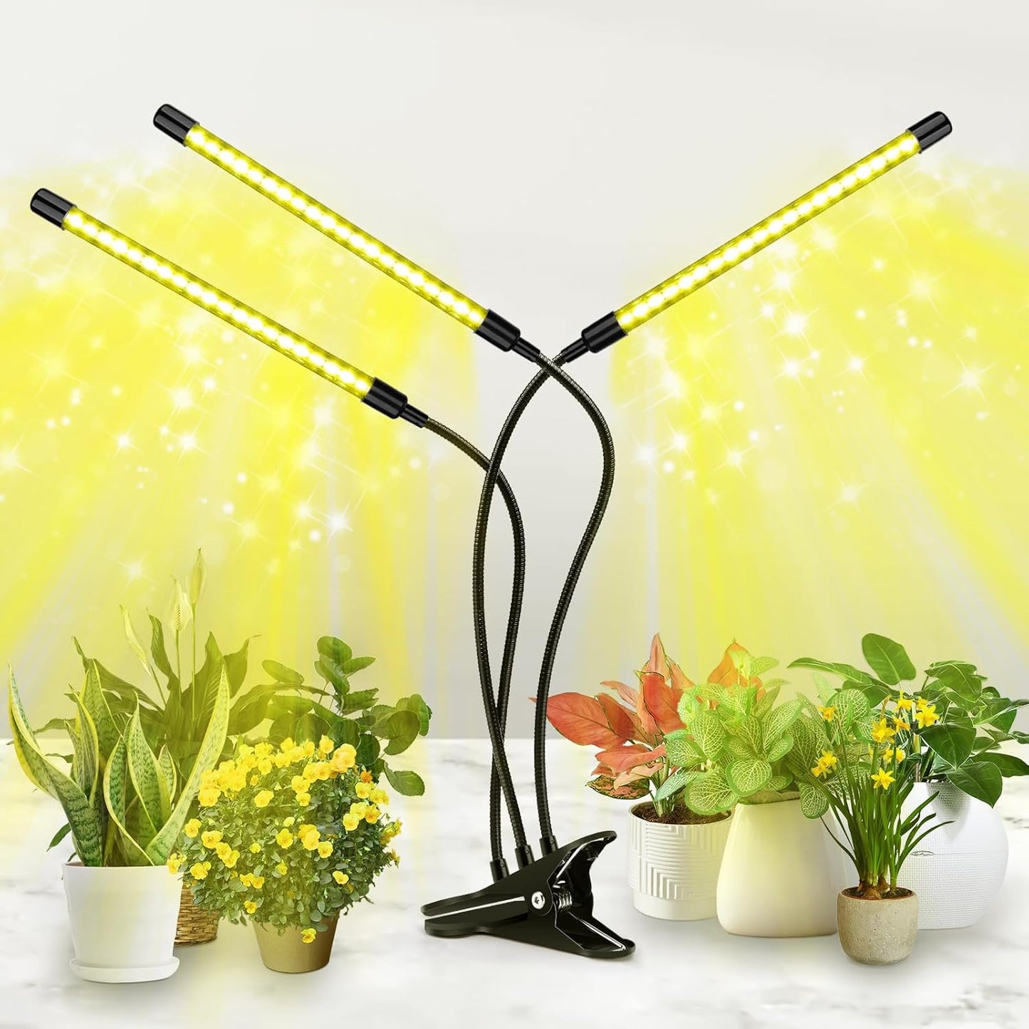 LED Grow Light, 3 Heads Full Spectrum Plant Light with Clamp for Indoor Plants & Seed Starting, 10-Level Dimmable, Auto On Off, Timing 4 9 12Hrs