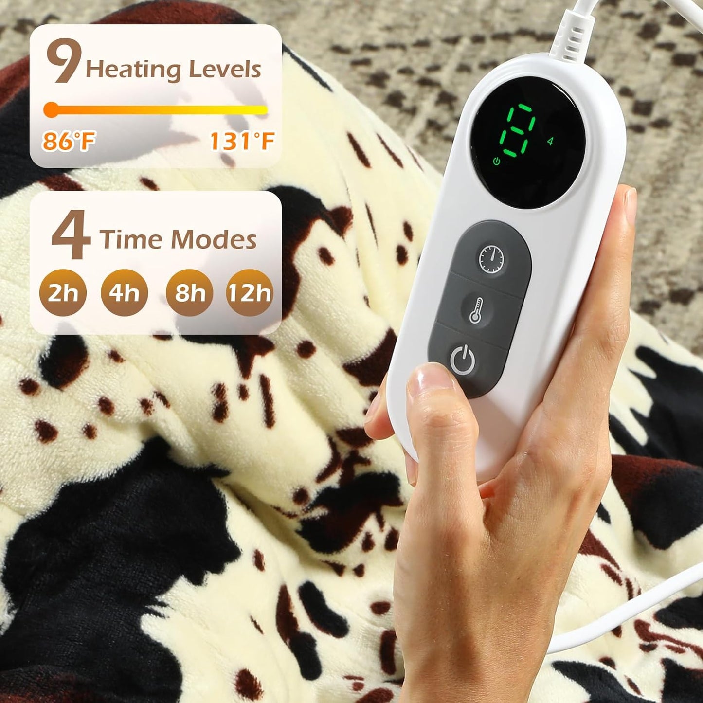 Cow Print Heated Blanket, 90"x90" Queen Size Electric Blanket Dual Control, Cozy Soft Flannel Sherpa Heating Blankets with 9 Heat Levels & 2/4/8/12H Auto-Off