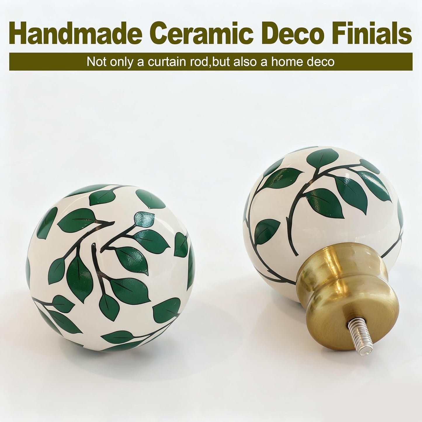 Ceramic Gold Curtain Rods Set of 2 for Windows 72 to 144 Inches Adjustable Length Duty 1" Diameter Window Curtain Rod with Modern Green Leaf Pattern Decorative Finials for Bedroom Living Room Kitchen