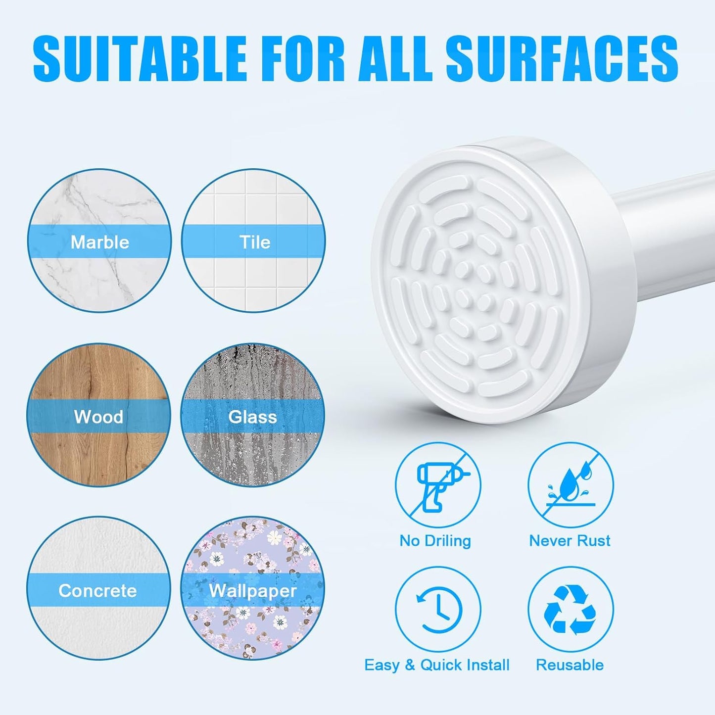TEECK Shower Curtain Rod, 32-92 inch Adjustable Spring Tension Curtain Rod, Never Rust Anti-Slip Shower Curtain Rod for Bathroom, No Drilling, Never Collapse, Easy to Use, White